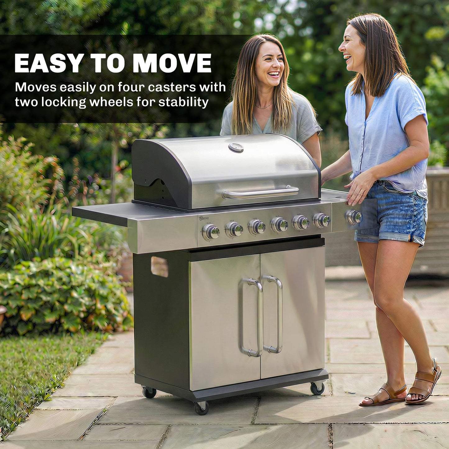 Outsunny 6 Burner Propane Gas Grill with Side Burner, 63,000 BTU Stainless Steel Barbecue Grill with Cast Iron Grates, Wheels, Warming Rack, Side Tables, Cabinet for Outdoor Kitchen, Backyard Barbecue