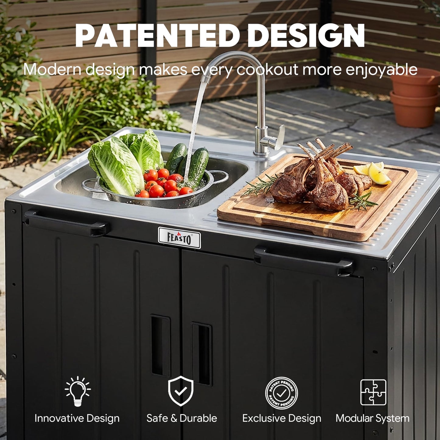 Feasto Outdoor Kitchen Island with Stainless Steel Sink and Storage Cabinet, 35-Inch BBQ Prep Station with Faucet & Lockable Wheels for Patio, Backyard, and Outdoor Cooking, Black & Silver