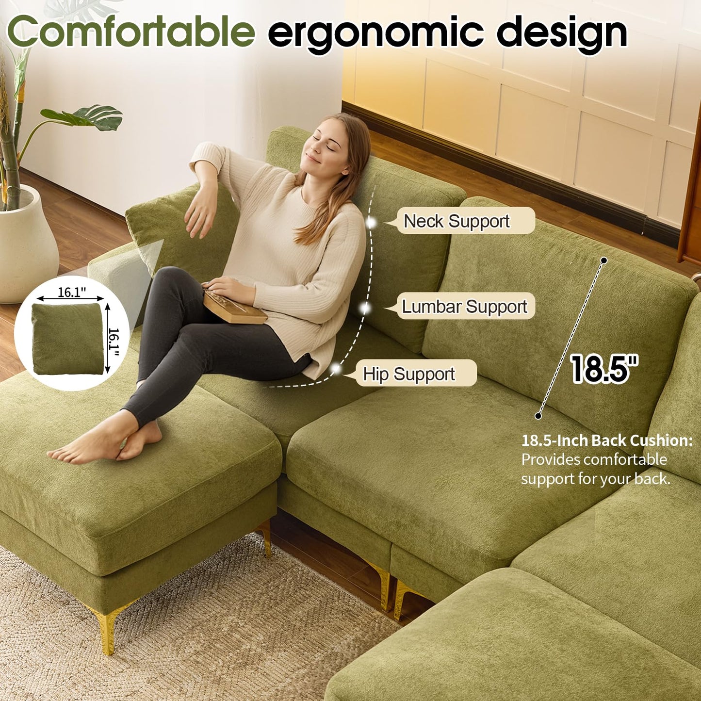 VINGLI 100" W U Shaped Couch with Ottoman, 22" Deep Seat Comfortable Sectional Couches for Living Room, 3 Seater Chenille Fabric Cloud Sofa for Apartment, Small Spaces, Bedroom, Green