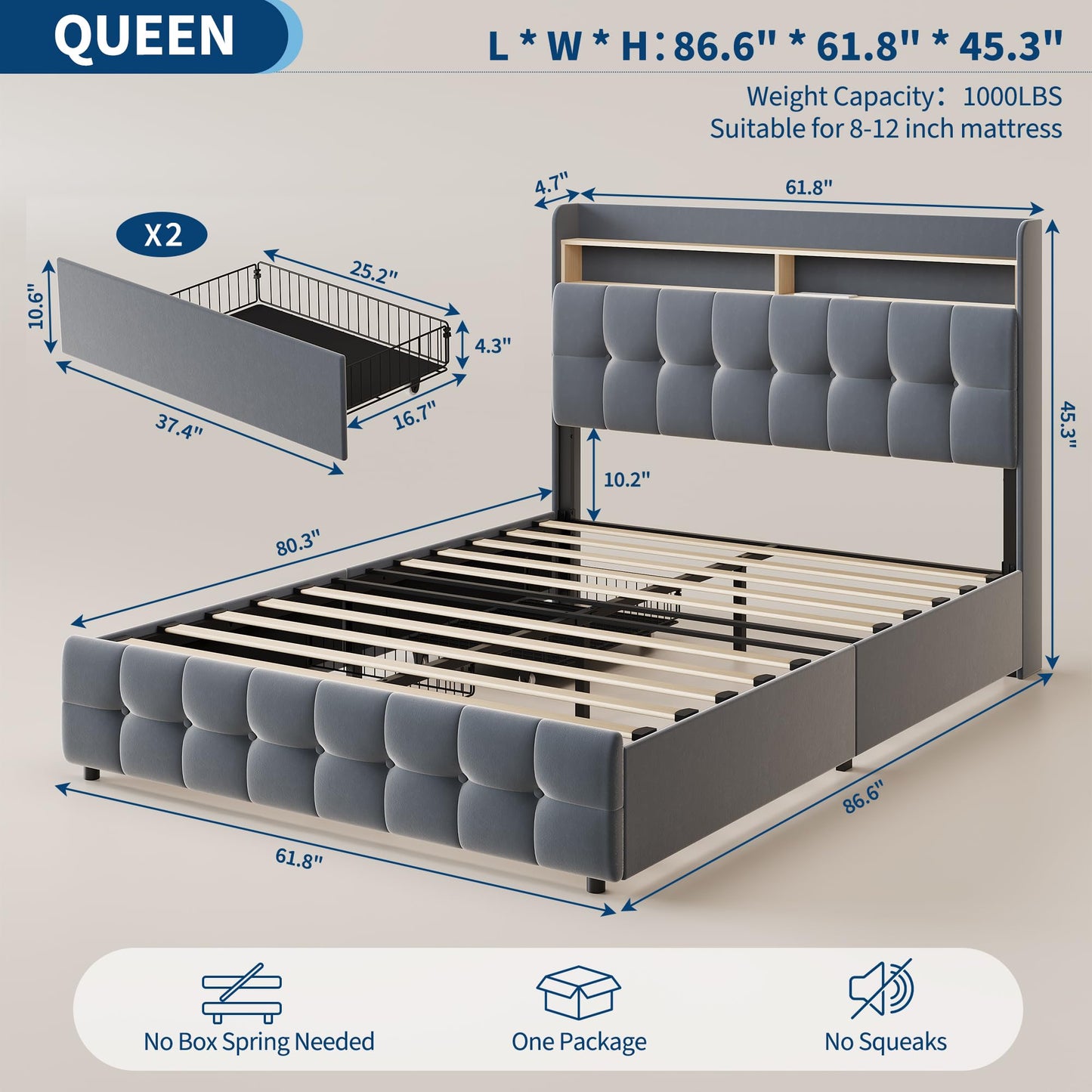 Queen Size Upholstered Bed Frame with LED Headboard, 2 Storage Drawers, Charging Socket and USB Port, Soft Fuzzy Soft, Noise-Free Metal Platform for Bedroom, No Box Spring Needed, Natural Wood Shelf