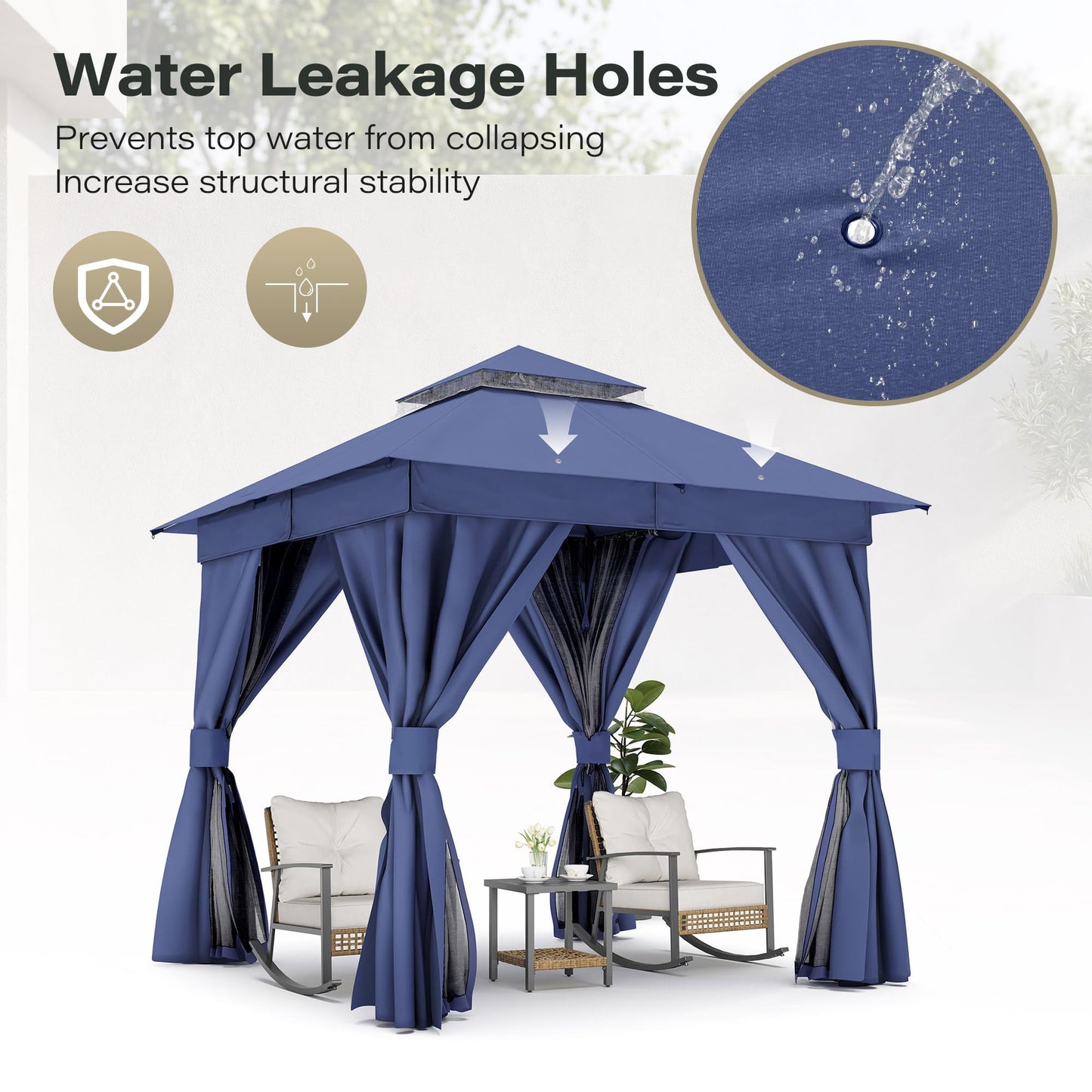 EO Living 8' x 8' Outdoor Patio Gazebo, Heavy-Duty Galvanized Steel Frame with Double-Tier Roof, Mosquito Netting & Privacy Curtains for Backyard, Patio & Lawn, Navy Blue