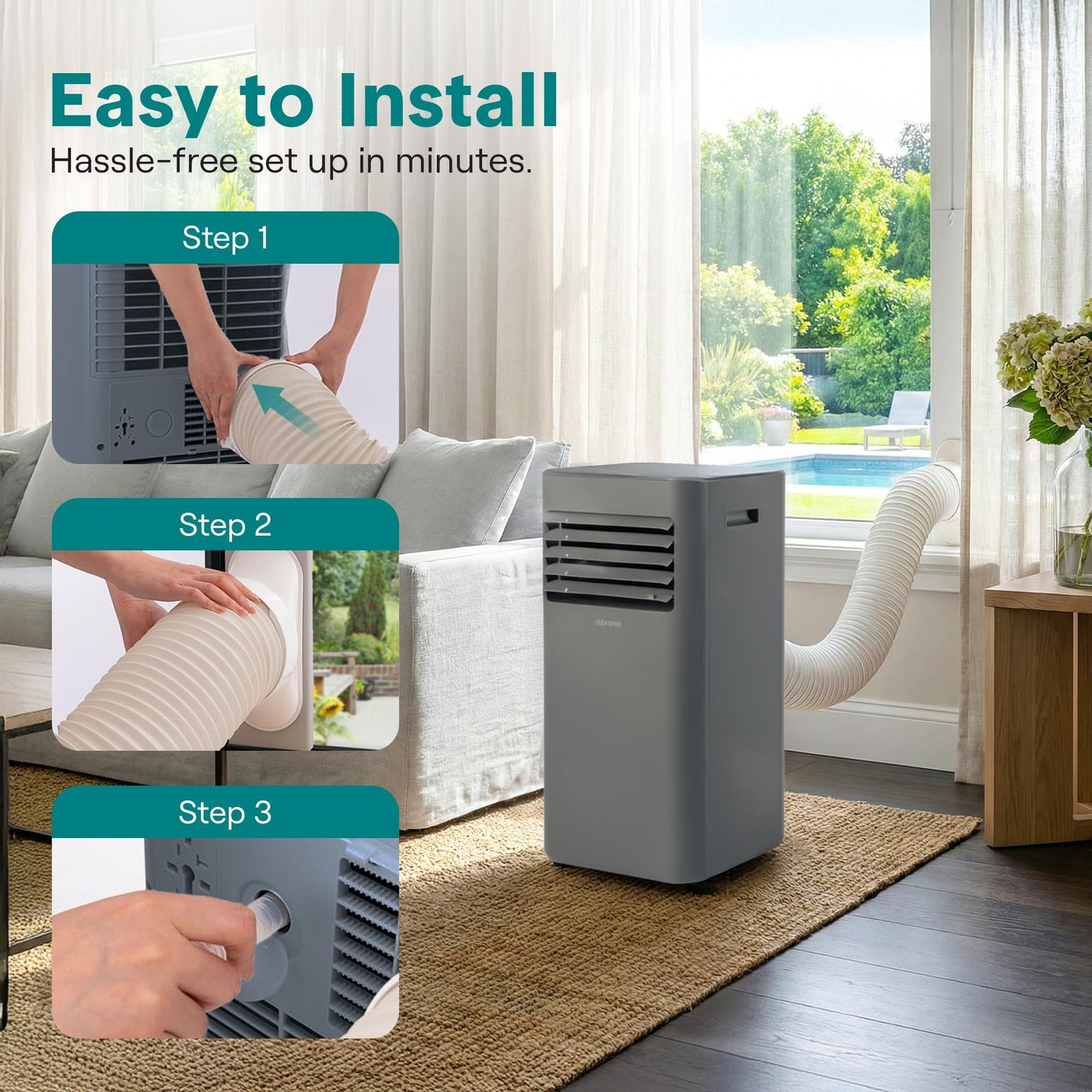 SereneLife Portable Air Conditioner 8000 BTU | Cools Rooms up to 300 sq ft | 3-in-1 Cooling, Fan & Dehumidifier | 24-Hr Timer & Remote| Standing Portable AC Unit with Window Kit and Rolling Wheels