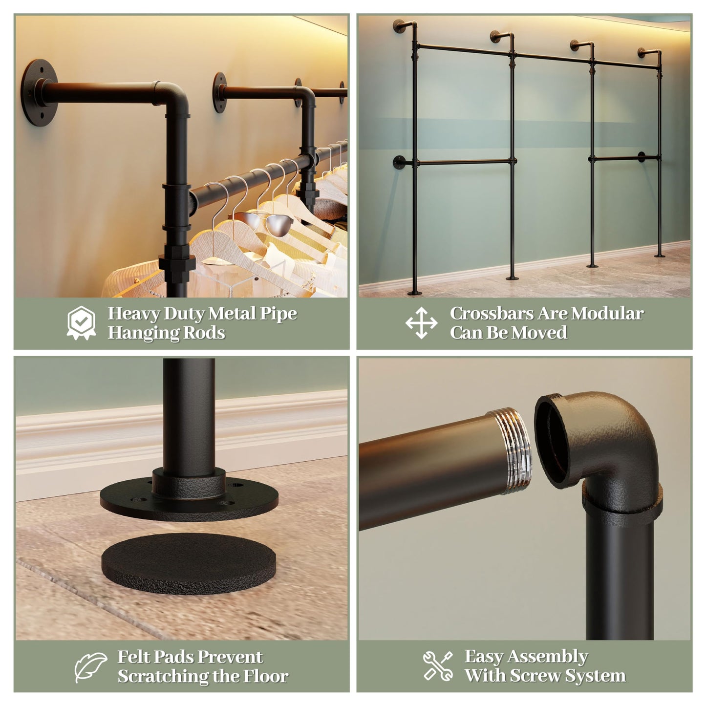 Teneyu Industrial Pipe Garment Rack, Reversible L - Shaped Wall - Mounted Clothing Rack, 106.3" Heavy Duty Closet Wardrobe System, Black Powder - Coated Steel for Walk - in Closet