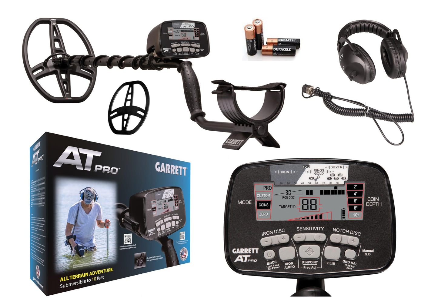 Garrett AT Pro Metal Detector – Made in the USA - Waterproof to 10ft, Proportional Audio, Iron Audio, Fast Recovery, Digital Target ID, Includes MS-2 Headphones