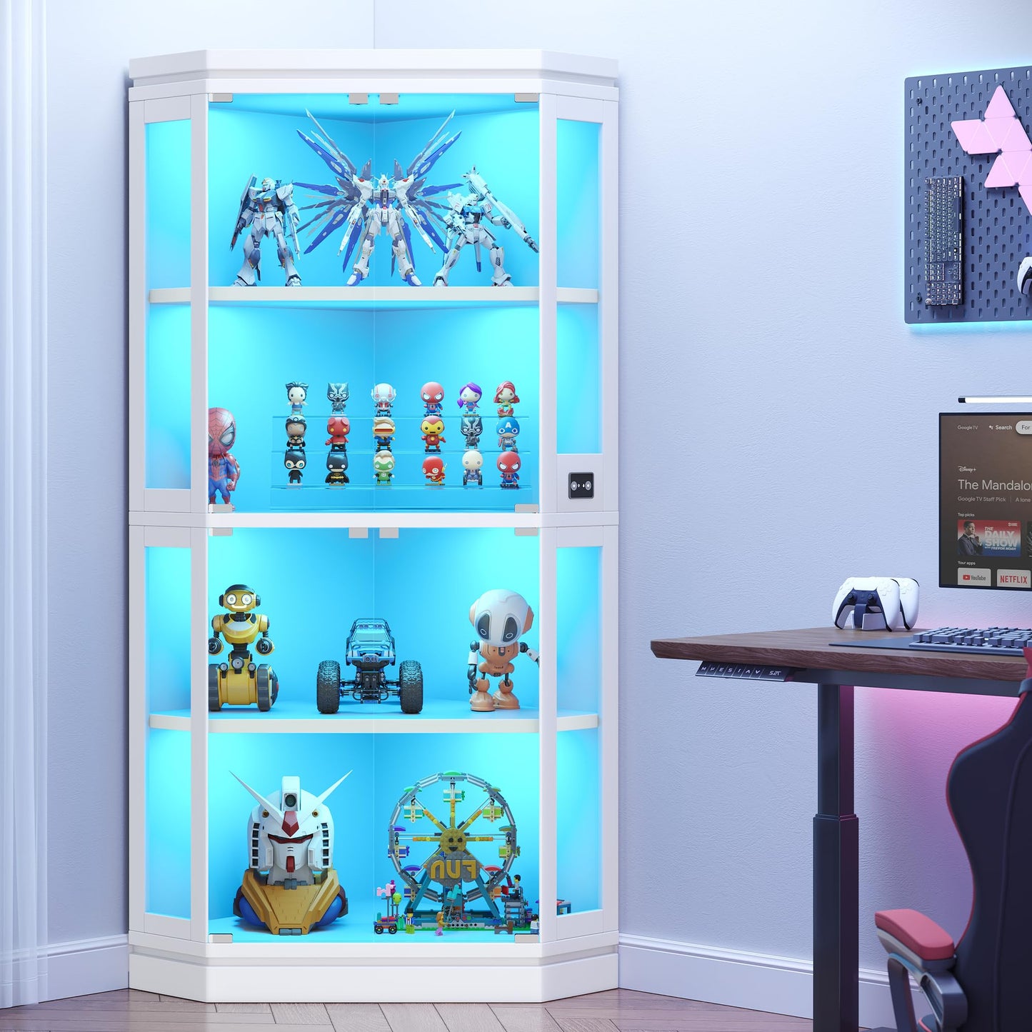 Jocoevol Corner Display Cabinet with 4 Glass Doors, 4-Tier Display Cases with RGB Lights for Collectibles, 67'' Tall Corner Curio Cabinet with Human Body Sensor for Living/Game Room (White)