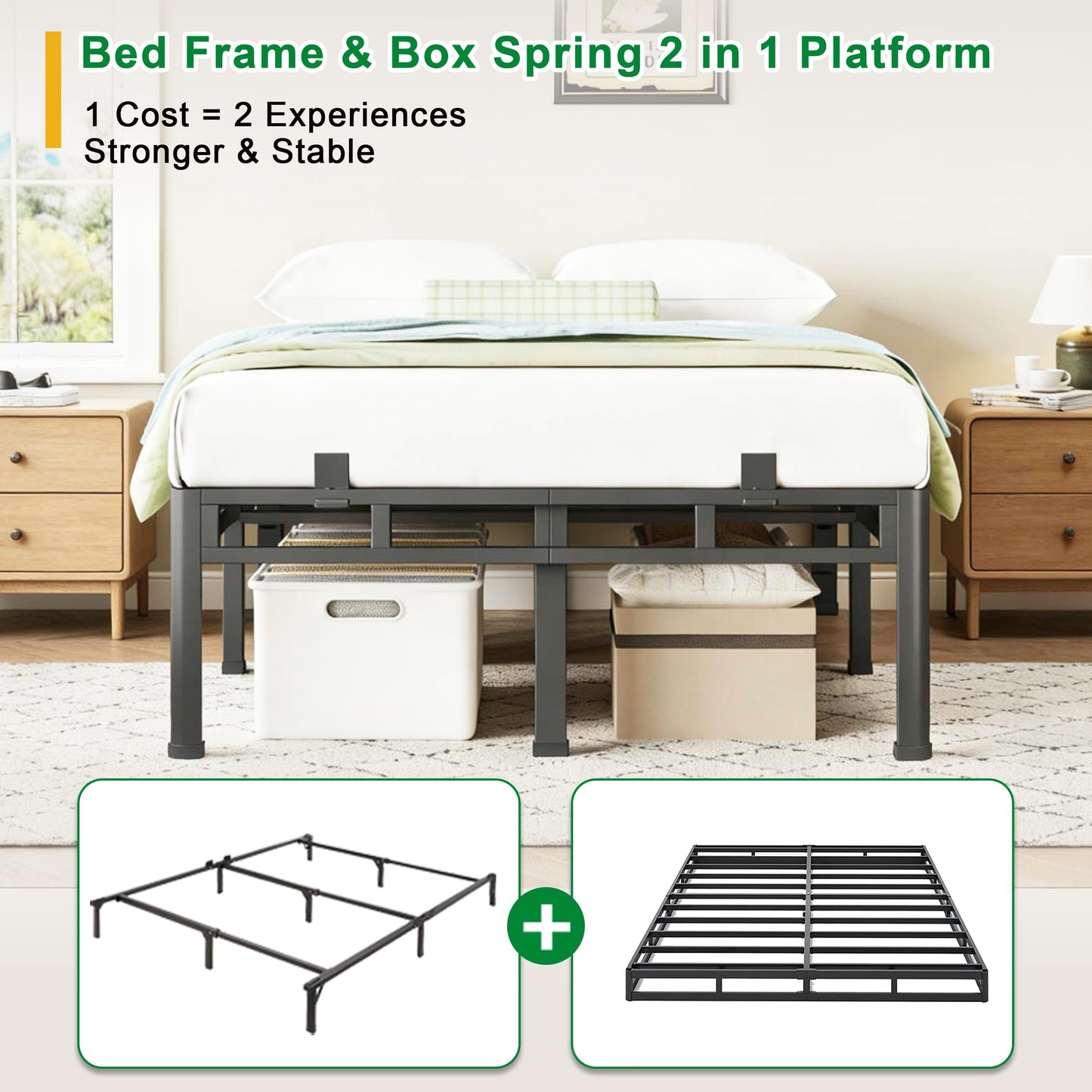 ROIL 22 Inch King Size Bed Frame, Metal Bed Frame & Box Spring 2 in 1 Platform with Round Corner Legs, 4000LBS Double Layer Bed Frame with Headboard Holes Mattress Baffles, Noise-Free Easy Assembly
