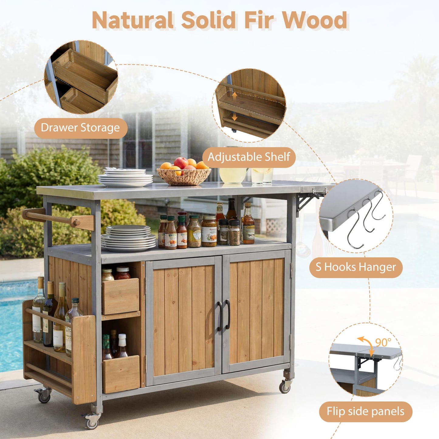 Christopher Knight Home Edsel Outdoor Bar Cart with Stainless Steel Top and Lockable Wheels, Solid Wood Outdoor Storage Cabinet, Kitchen Island Serving Cart for Poolside, Walnut Brown+Blue Gray