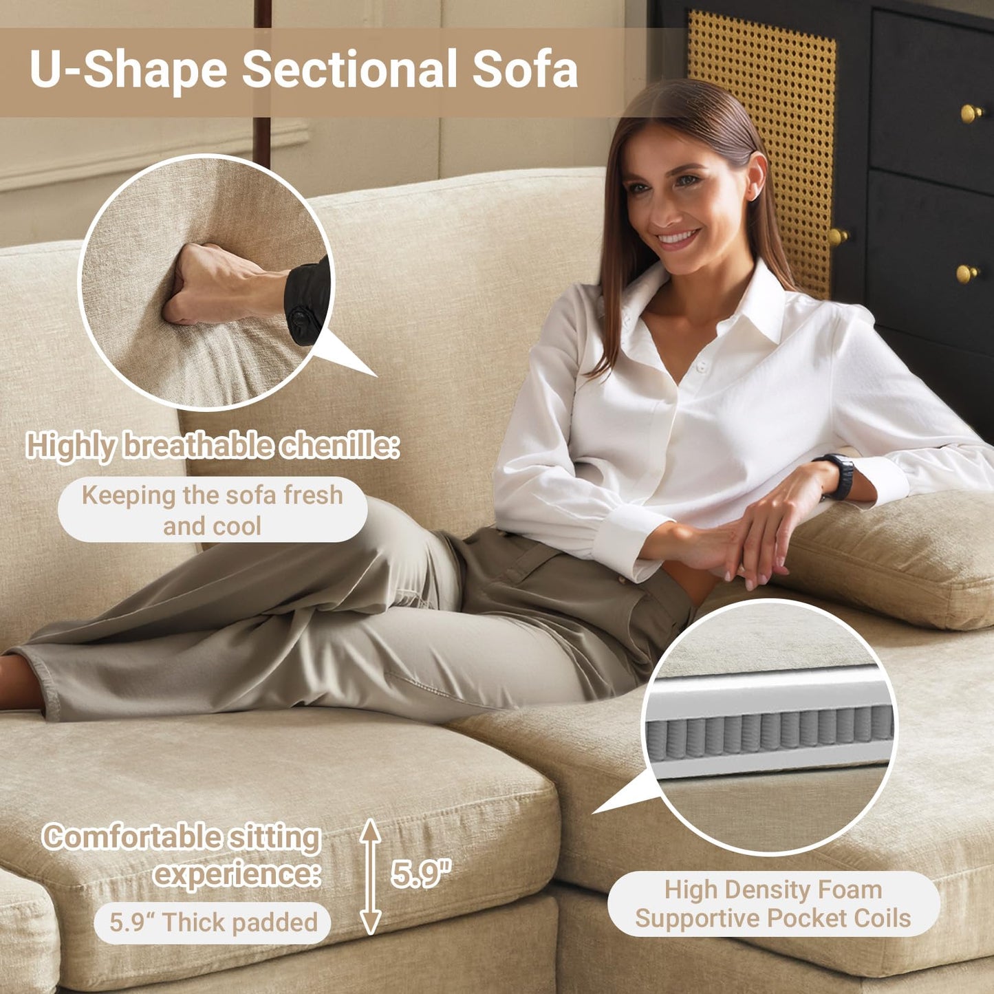 VINGLI 110" Sectional Couches for Living Room,U Shaped Couch with Double Chaise, 4-Seat Sofa Set with Chenille Fabric for Home Furniture,Light Khaki