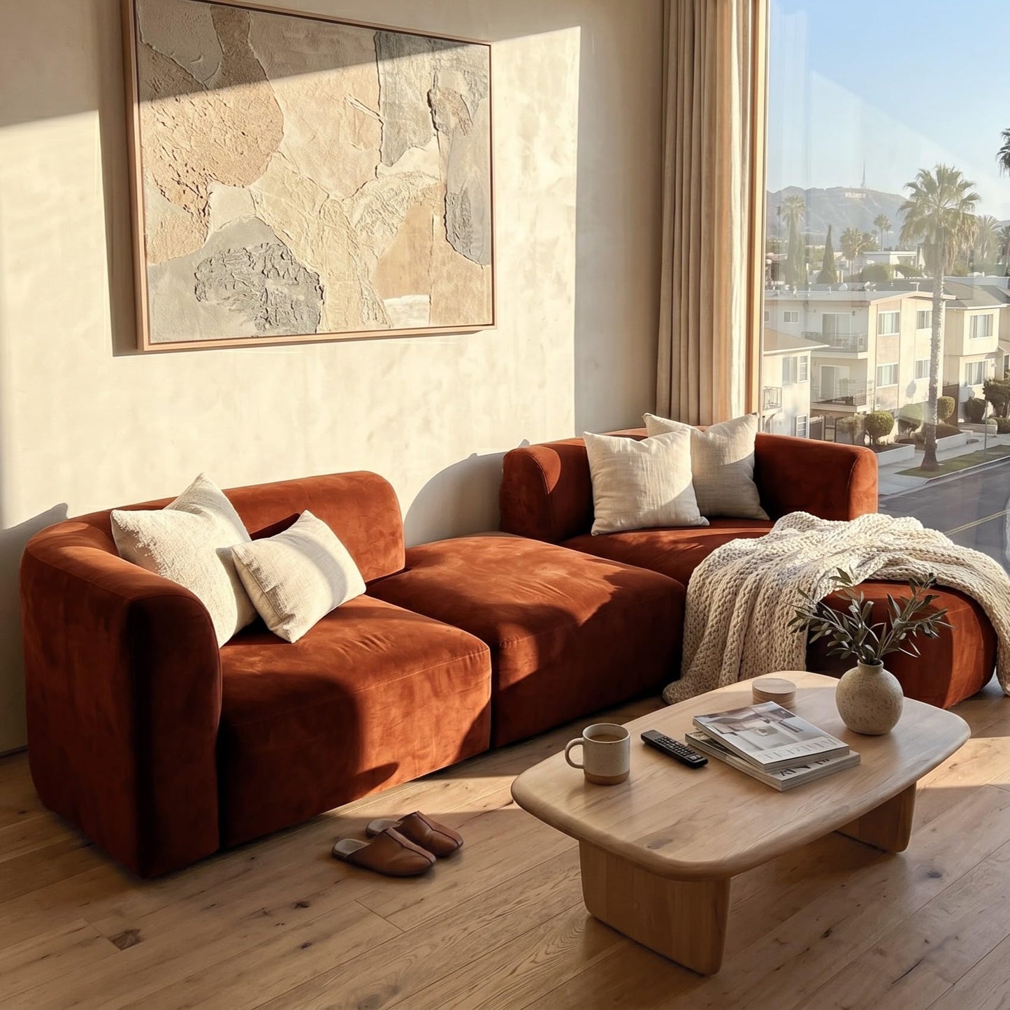 Acanva Luxury Modern Tight Curved Back Velvet Sofa, Minimalist Style Comfy Couch for Living Room Apartment, 4 Seater Modular Sectional, Tangerine