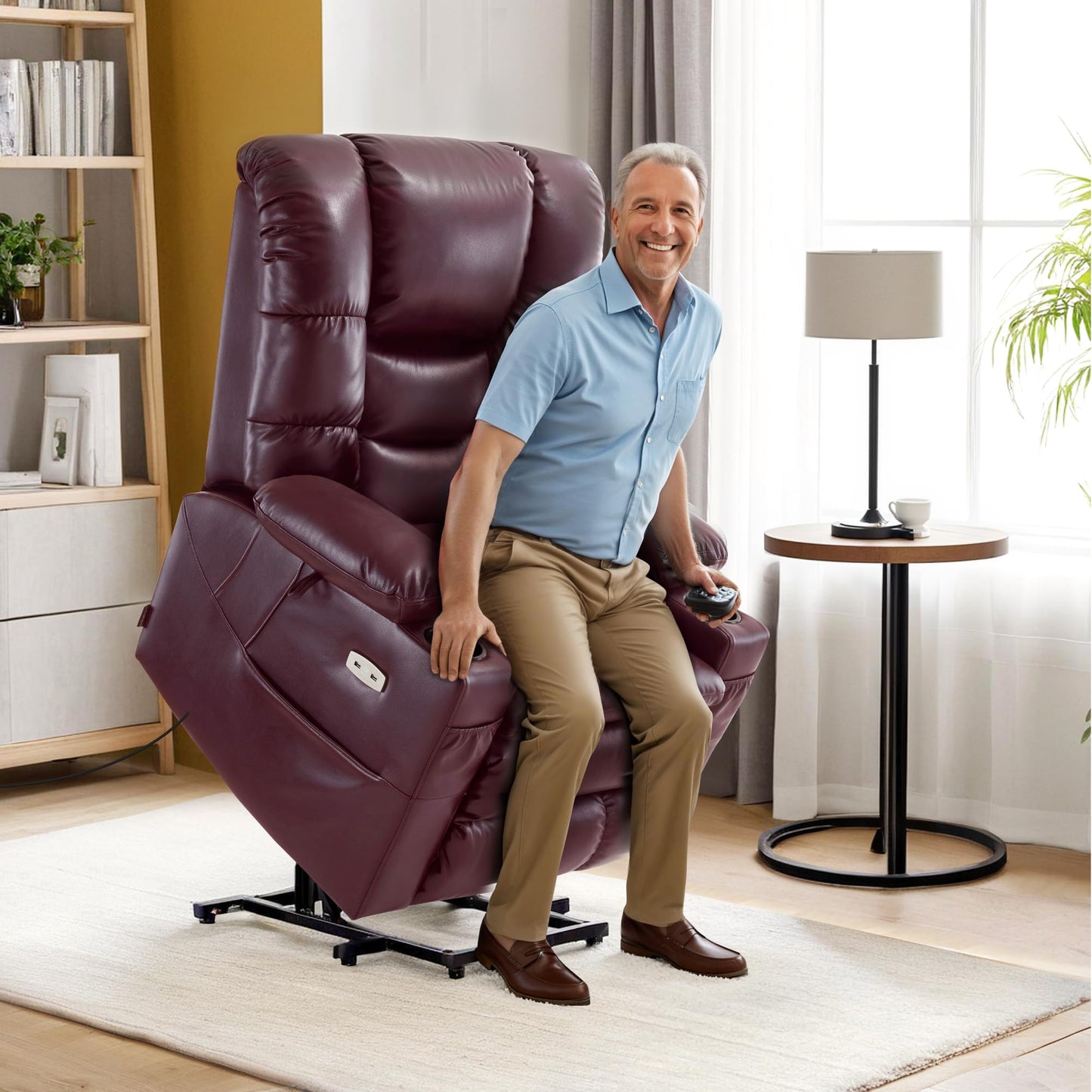 MCombo Triple Motor Lay Flat Power Lift Recliner Chair for Tall Elderly, Infinite Position, Massage, Dual Heating, Adjustable Headrest, Faux Leather 7634 (Wine, Large)
