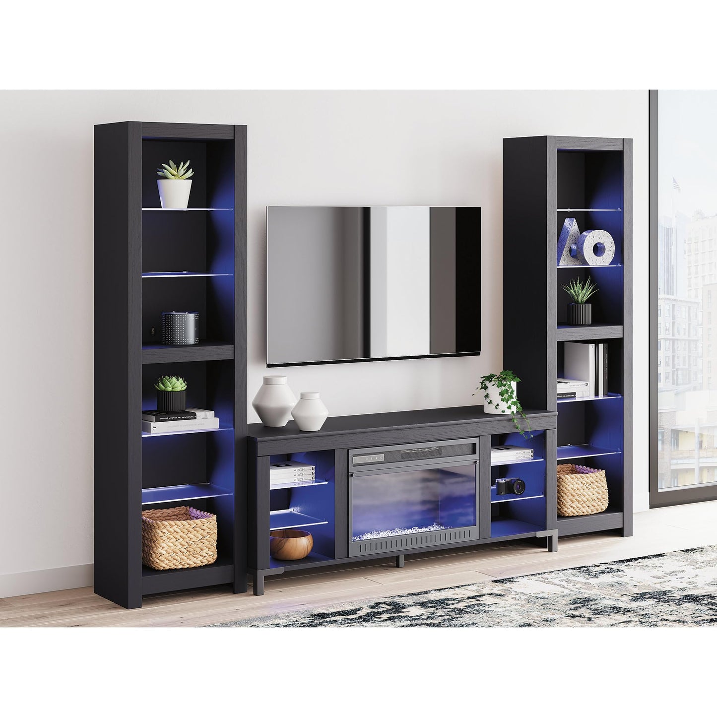 Signature Design by Ashley Cayberry Modern 3-Piece Entertainment Center with Electric Fireplace for TVs up to 68", Black