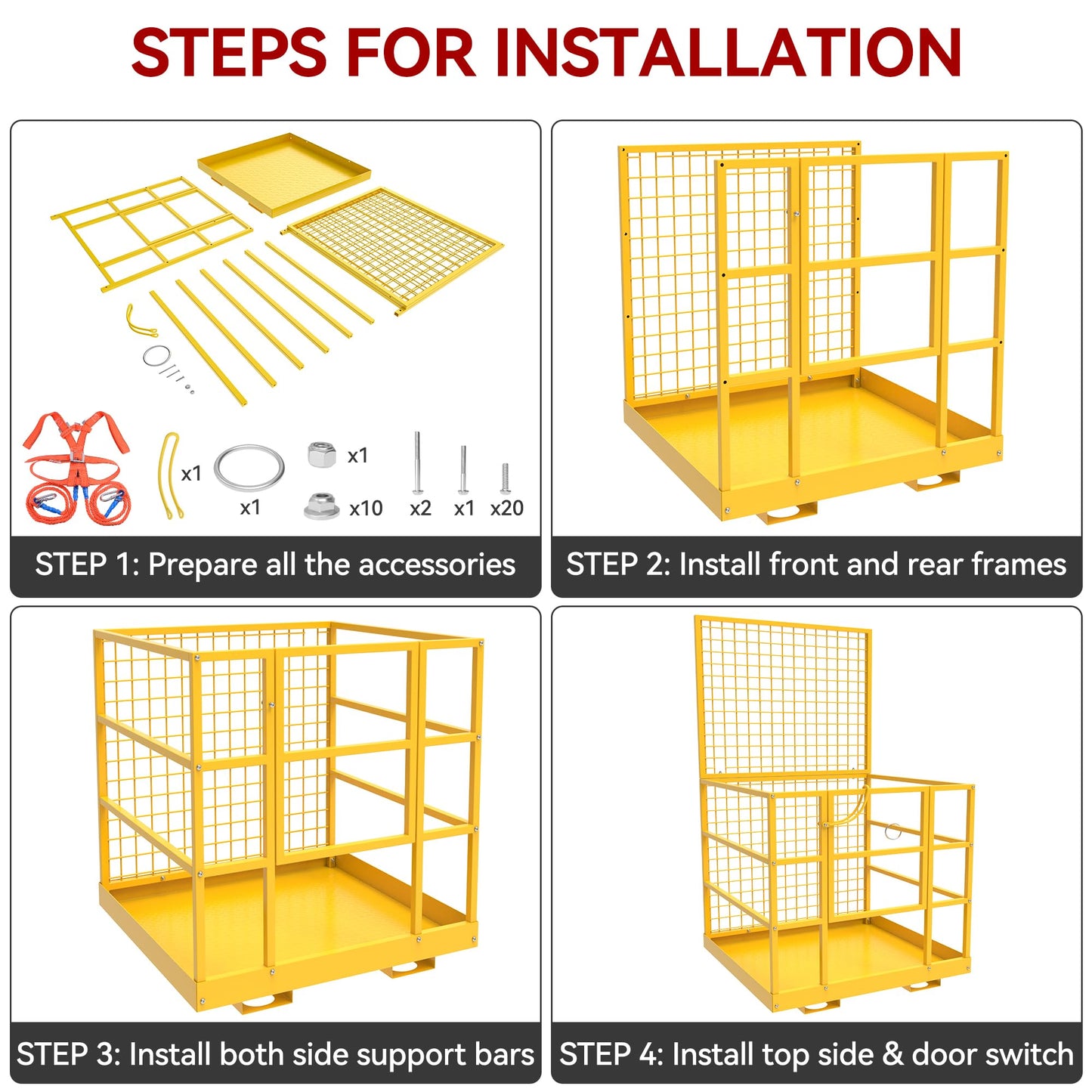 YITAMOTOR 43"x45" Forklift Safety Cage, 1400 LBS Yellow Capacity Forklift Work Platform with Safety Harness, Collapsible Lift Basket Aerial Platform for Lifting Loader