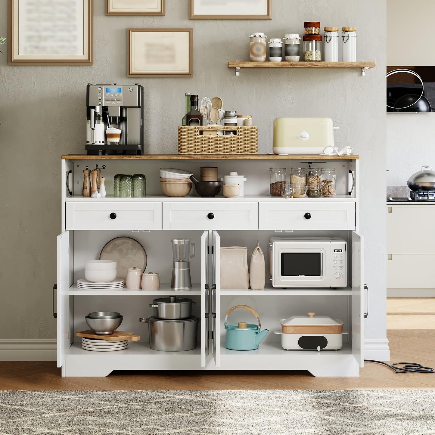 GarveeHome Farmhouse Buffet Cabinet with Storage, Open Shelf & Charging Station, 51" Kitchen Hutch Pantry Cabinet Sideboard Coffee Bar Station with 4 Barn Doors & 3 Drawers for Kitchen, Dining Room