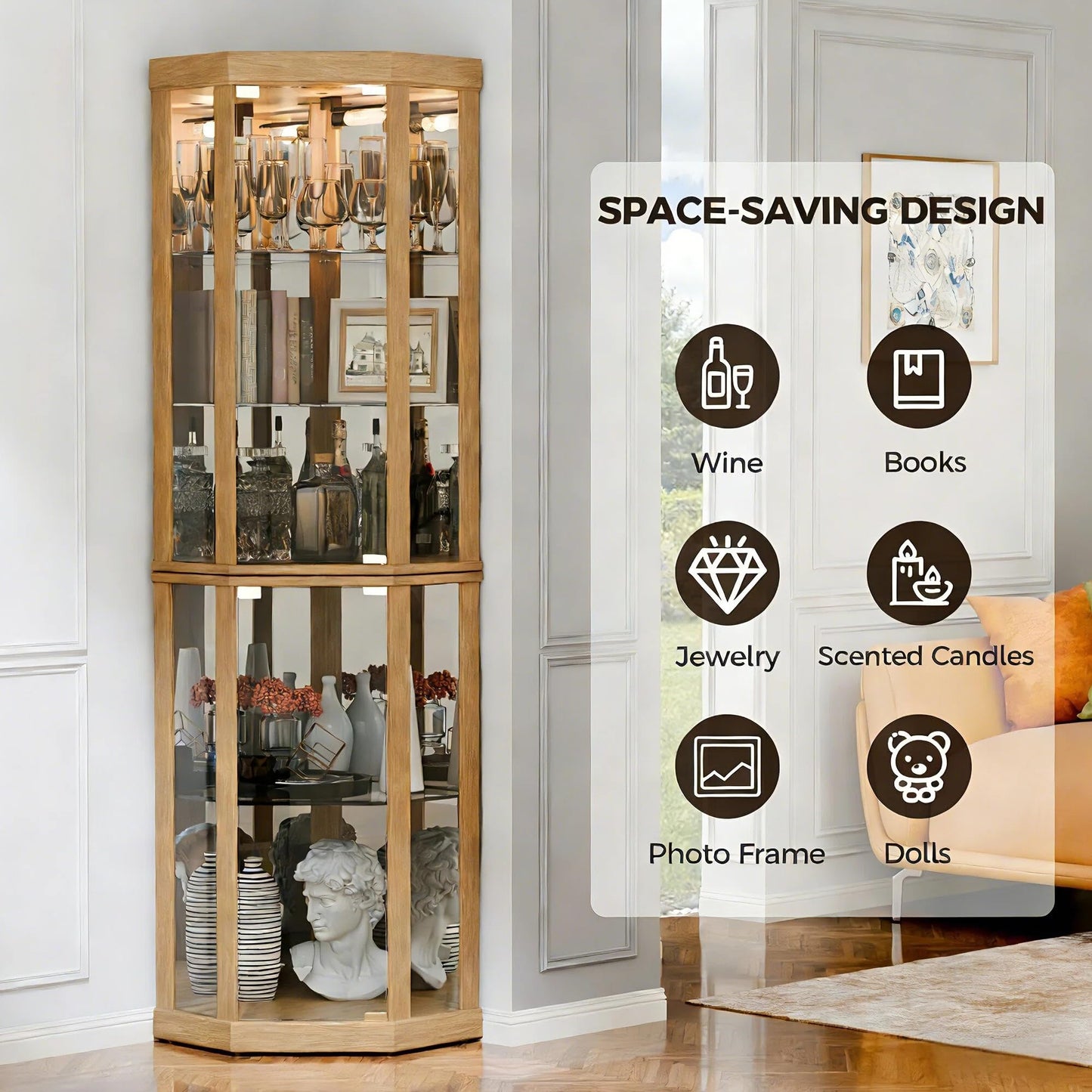 Topcomfy Corner Curio Cabinet, Lighted 3-Side Glass Display Curio Cabinet with Tempered Glass Doors & Adjustable Shelves, Wine Bar China Cabinet with Bulb for Living Room (Light Oak)