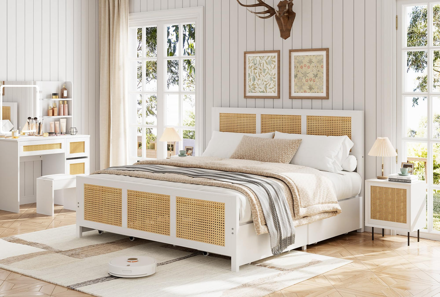 GarveeHome White Rattan Bed Frame with Headboard, Boho Cane Platform Full Size Bed Frame with 4 Drawers, Strong Metal Slats Support, Noise Free, No Box Spring Needed