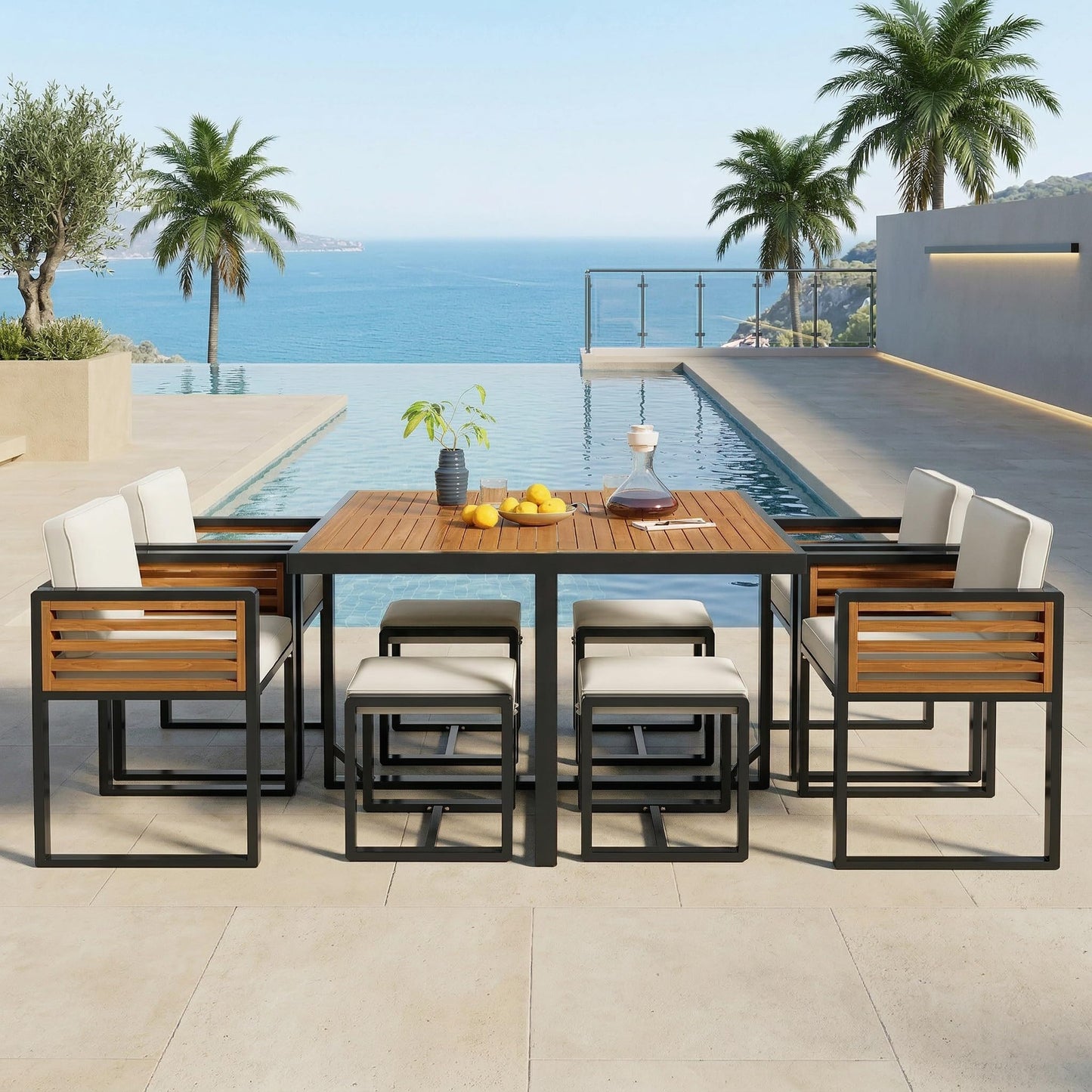 Merax 9-Piece Patio Dining Set for 8 People, Acacia Wood Outdoor Furniture Sets with 1 Square Table, 4 Cushioned Chairs and 4 Ottomans for Backyard, Garden, Lawn, Poolside, Space Saving Design, Beige