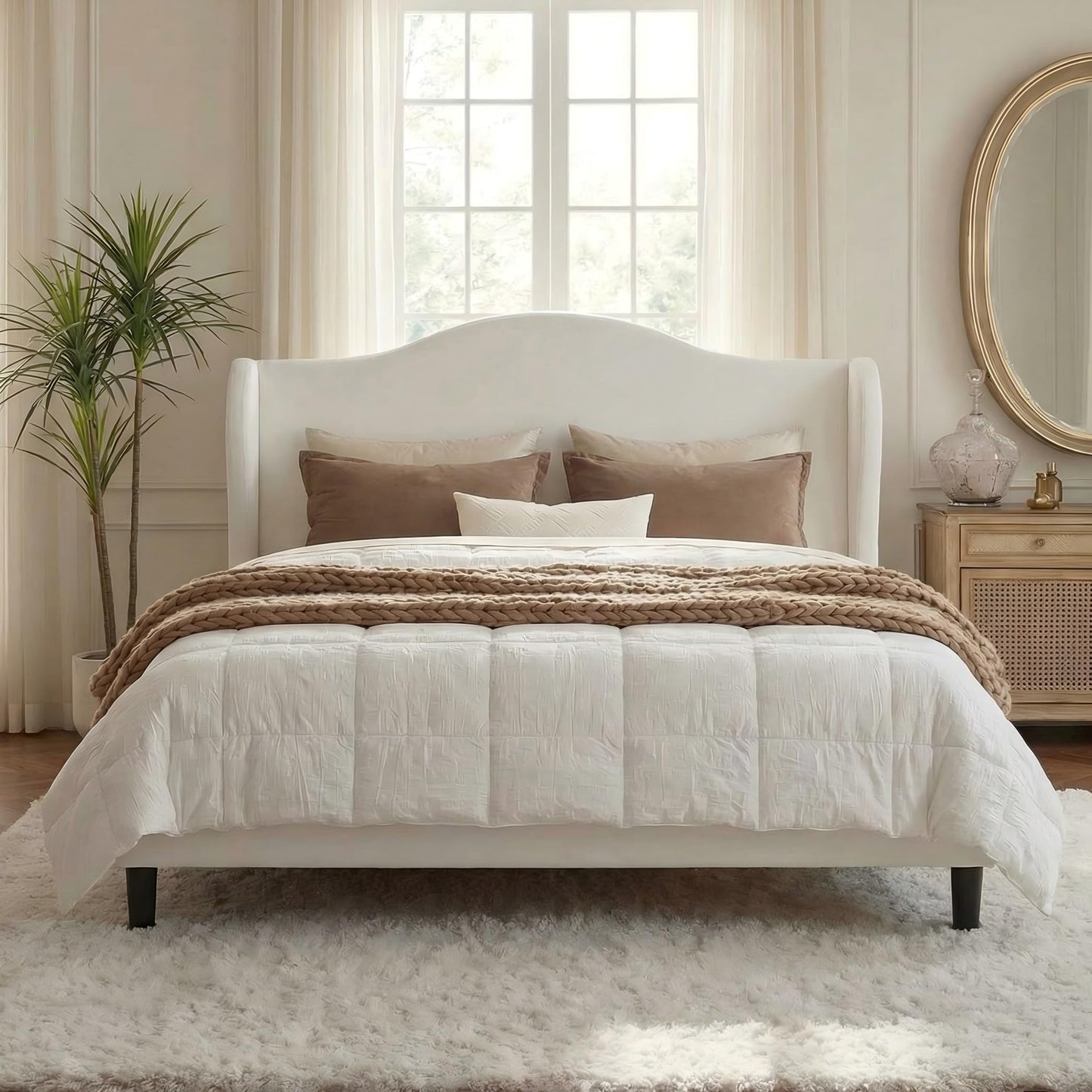 Allewie Velvet Platform Queen Bed Frame with Wingback and 47" Tall Tufted Headboard, Modern Minimalist Design, No Box Spring Required, Tool-Free Assembly, White