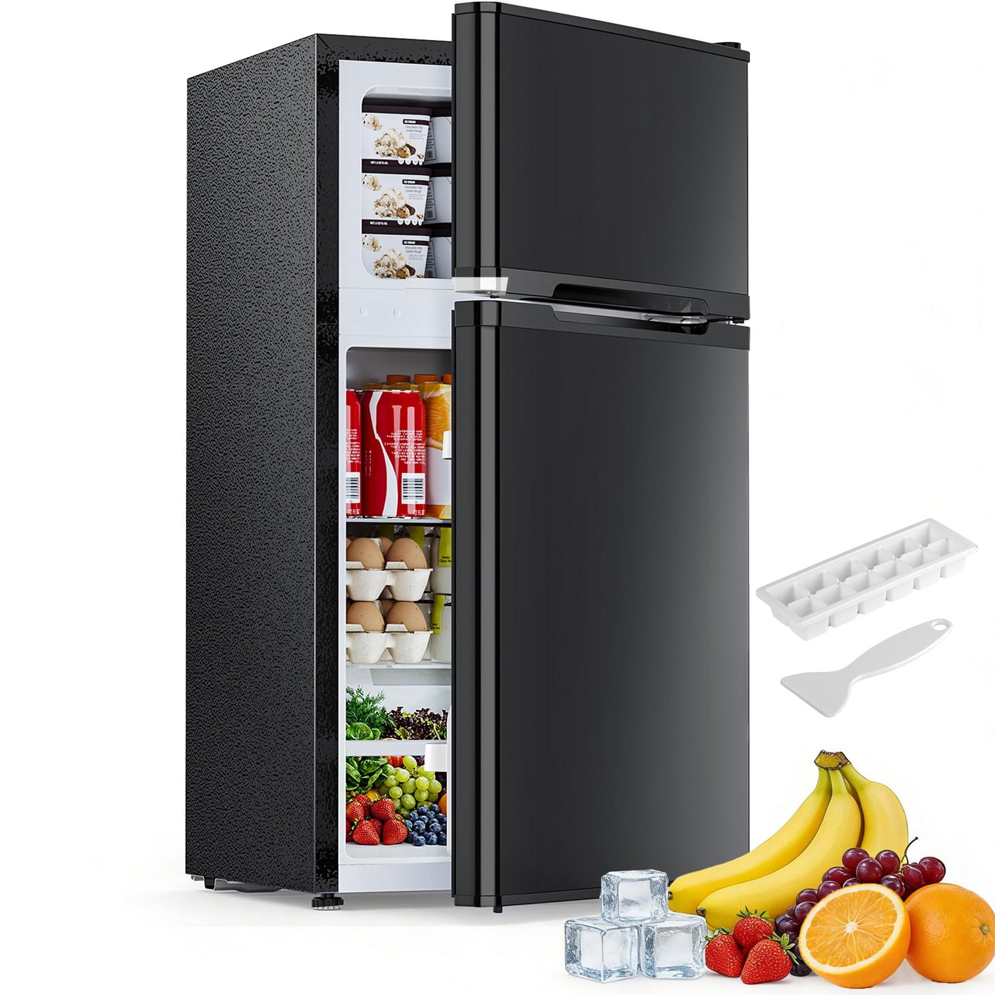 Electactic 2.6 Cu.Ft Mini Fridge with Freezer, Double-Door Compact Refrigerator, Adjustable Glass Shelves, Mechanical Thermostat & Built-in Casters, Space-Saving for Apartment/Dorm/Office, Black