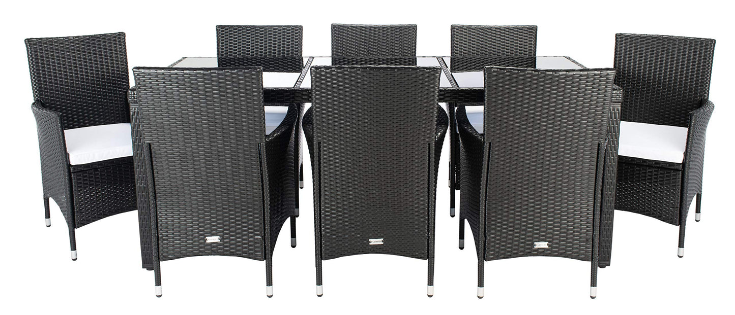 SAFAVIEH Outdoor - Hailee 9-Piece Dining Set - Black & White Faux Wicker & Steel Frame - Eight Chairs and Glass-Top Table - Ideal for Patio, Deck, Porch, Backyard (PAT7704A)