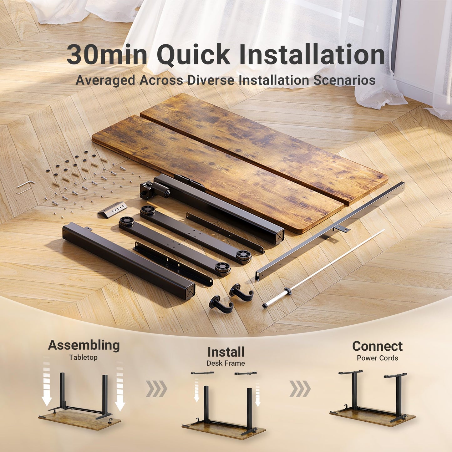 Claiks Electric Standing Desk, Adjustable Height Stand up Desk, 55x24 Inches Sit Stand Home Office Desk with Splice Board, Black Frame/Rustic Brown Top