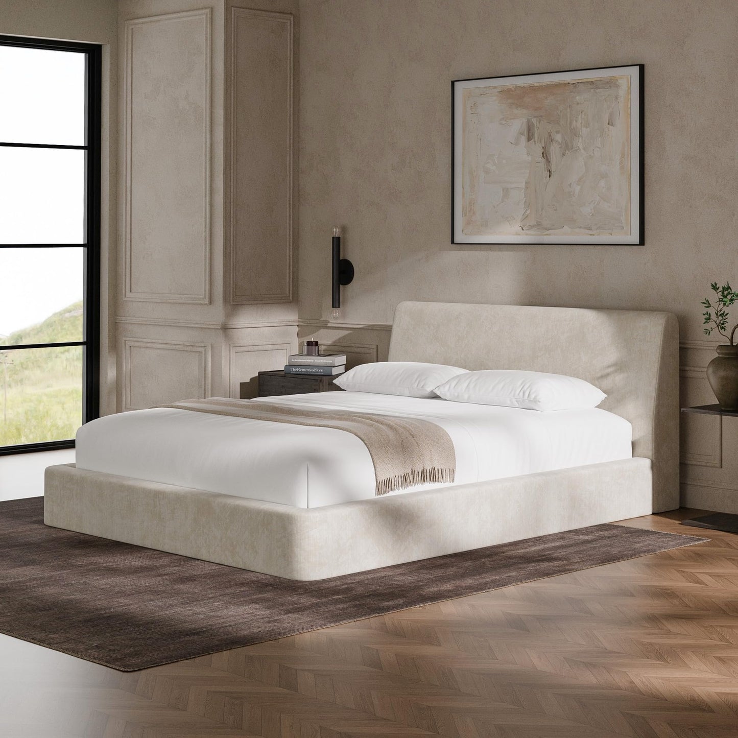 RECCI AirFrame Queen Bed Frame with Ergonomic Angled Headboard, 360° Cushioned Platform Bed Frame, Low Profile Minimalist Soft-Frame Bed, No Box Spring Needed, Easy Assembly, Beige Chenille