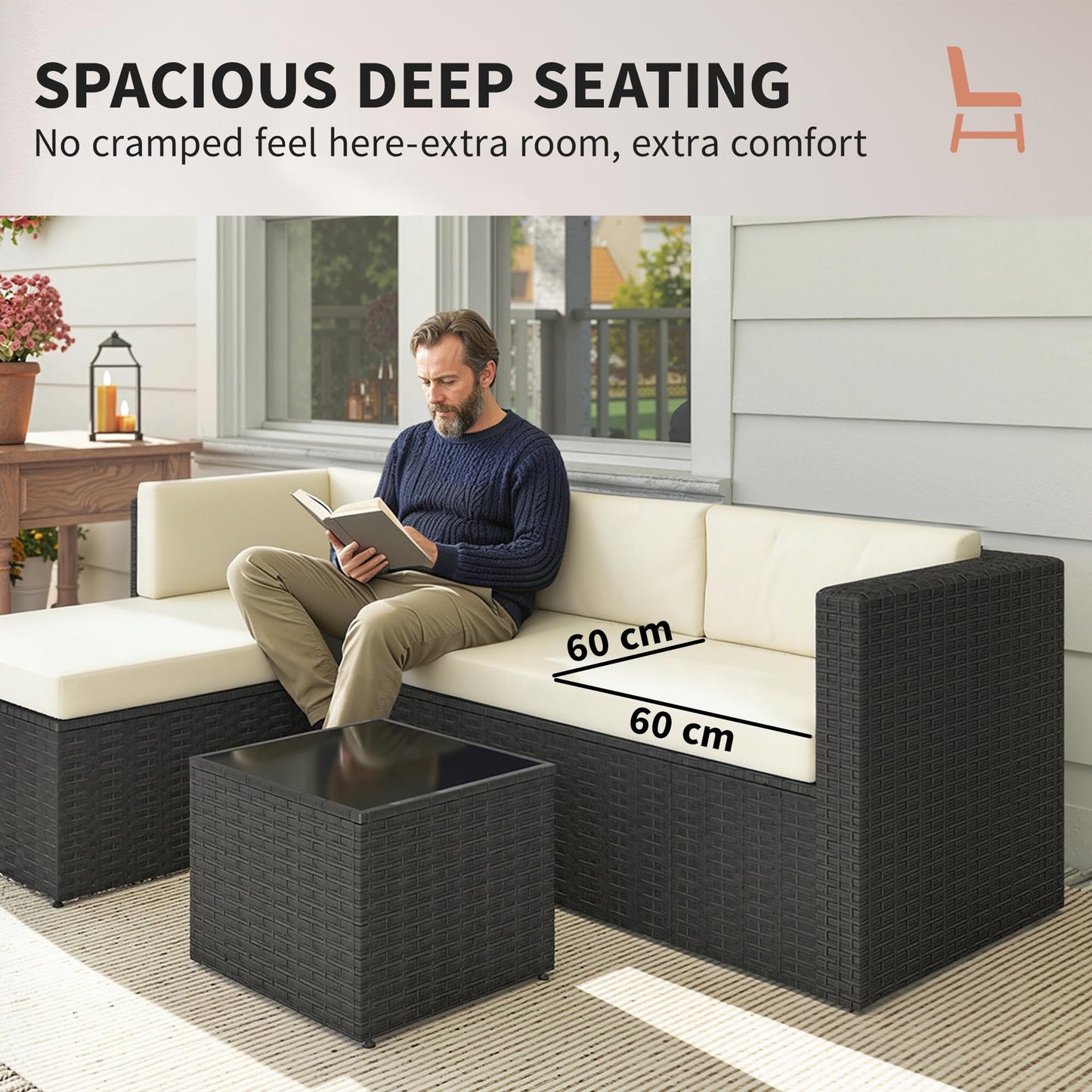 Outsunny 3 Piece Patio Furniture Set, Wicker Rattan Outdoor Patio Conversation Furniture Set with Cushions, Glass Top Coffee Table, Deep Seating for Garden, Backyard, Porch, Beige