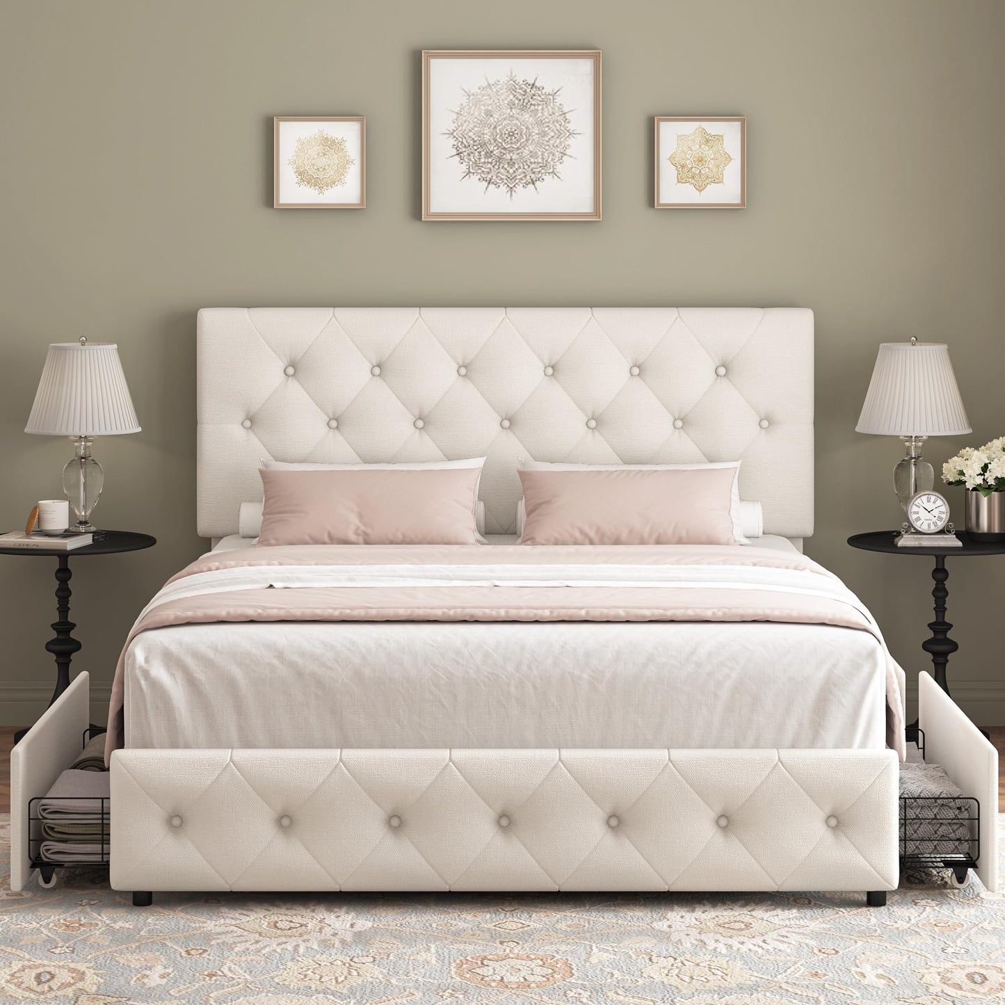 Keyluv Full Size Upholstered Platform Bed Frame with 4 Storage Drawers, Modern Beige Fabric Bed with Adjustable Button Tufted Headboard, Solid Wooden Slat Support, Easy Assembly