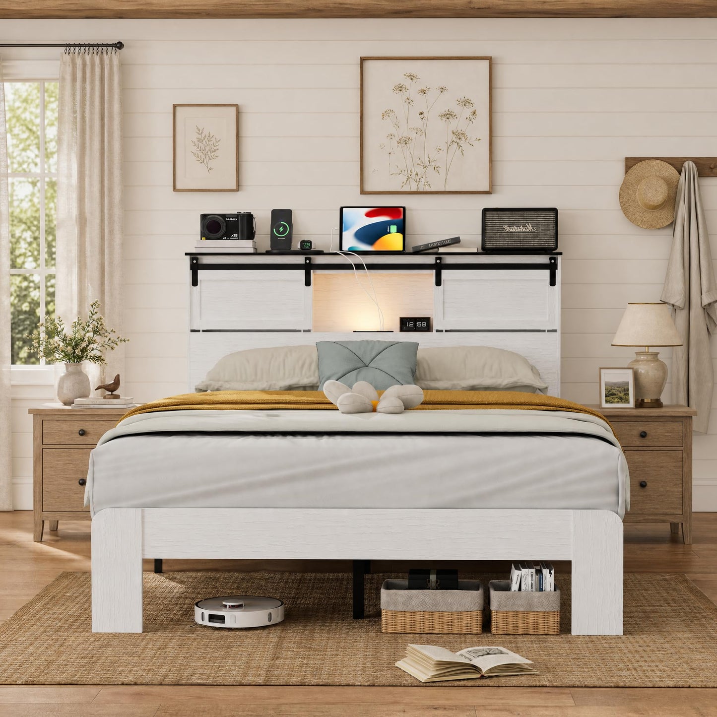 DNYN Farmhouse Platform Bed Frame with Storage Headboard and Dual USB Ports