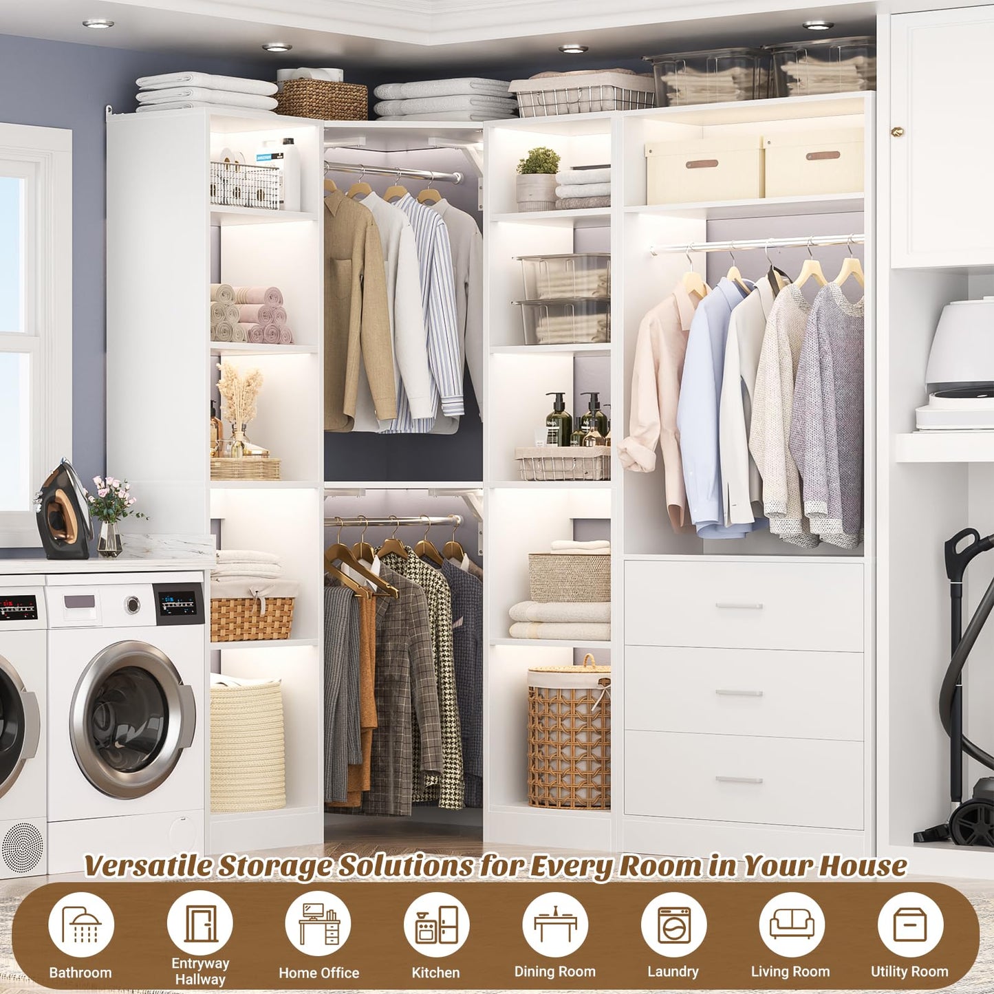 Besiost Corner Closet System with 3 Drawers, Corner Closet Organizer System with 13 Shelves & 3 Hanging Rods, 63.2"L * 39.2"W Reversible L Shaped Walk-in Closets, Load 2000+LBS, White