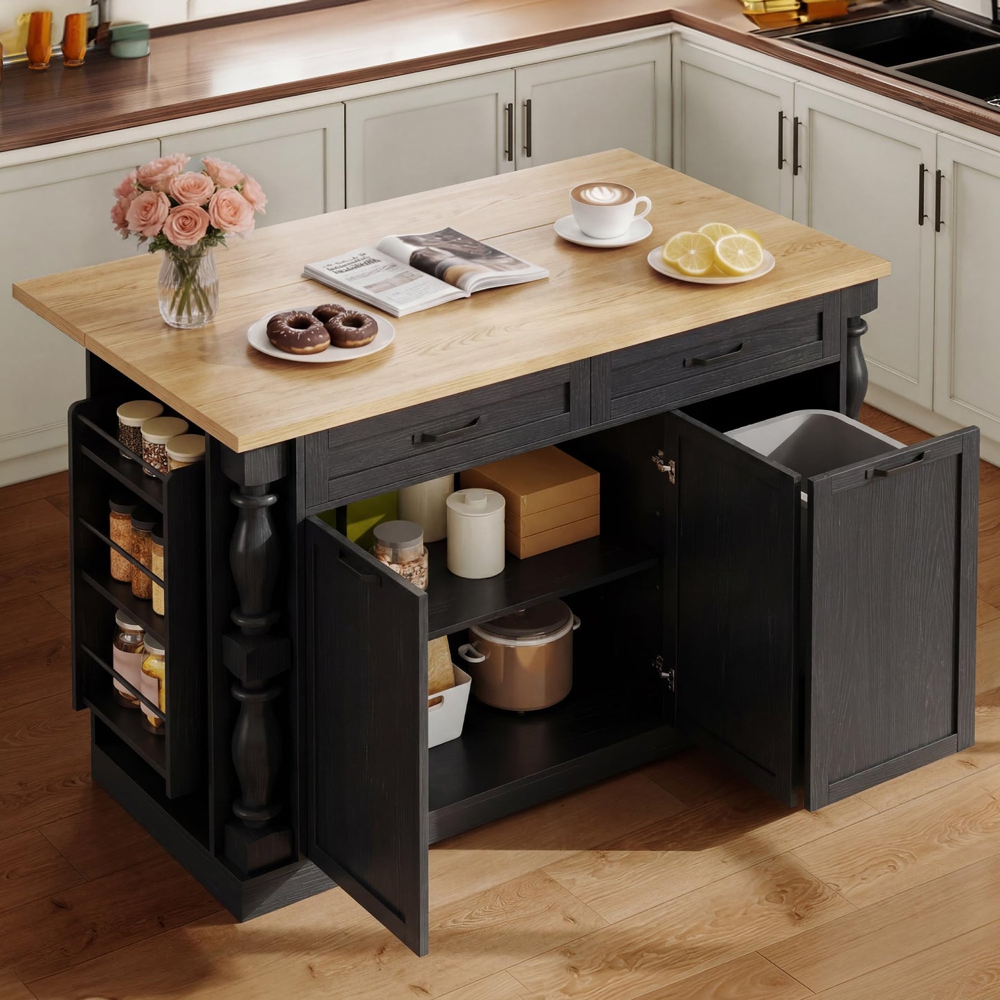 Homiflex Kitchen Island, 47.6"x20" Kitchen Island with Spice Rack & 11.8" Drop Leaf, Coffee Cart on Wheels Breakfast Bar Table Storage & Trash Bin Islands Table with Power Outlet for Dining Room-Black