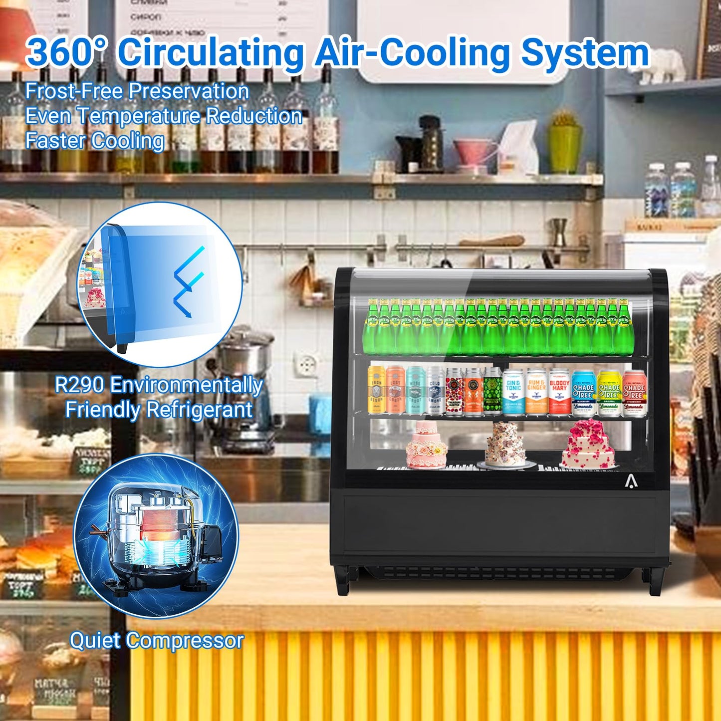GAOMON Commercial Display Refrigerator, Glass Door Merchandiser Cooler with Adjustable Shelves, LED Lighting, Temperature Control, Sliding Rear Door for Bakery, Cafe, Restaurant, Store