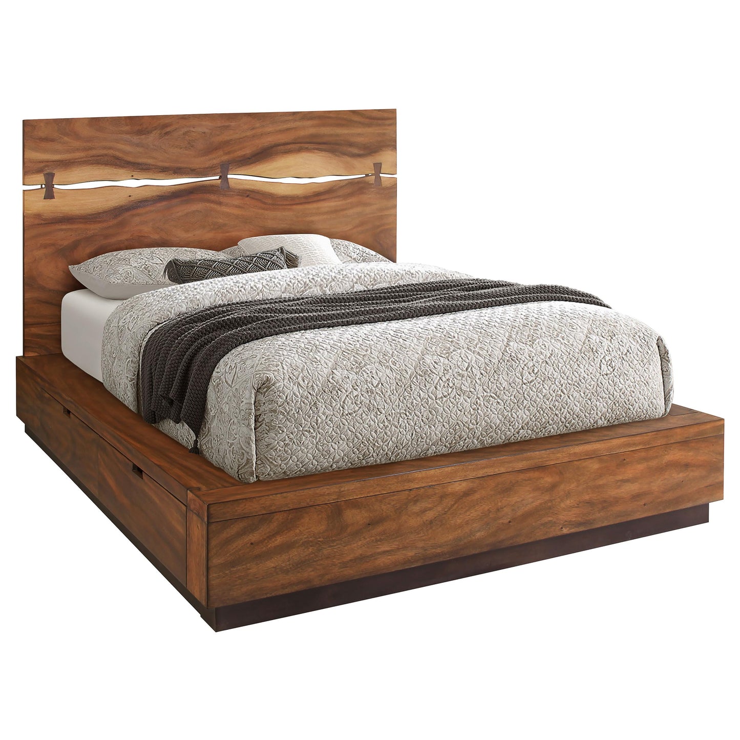 Coaster Home Furnishings – Winslow – Wood – Eastern King Platform Storage Bed with Tall Headboard, 4 Concealed Compartments, and Bow Tie Inlays – Bedroom – Smokey Walnut and Coffee Bean - 223250SKE