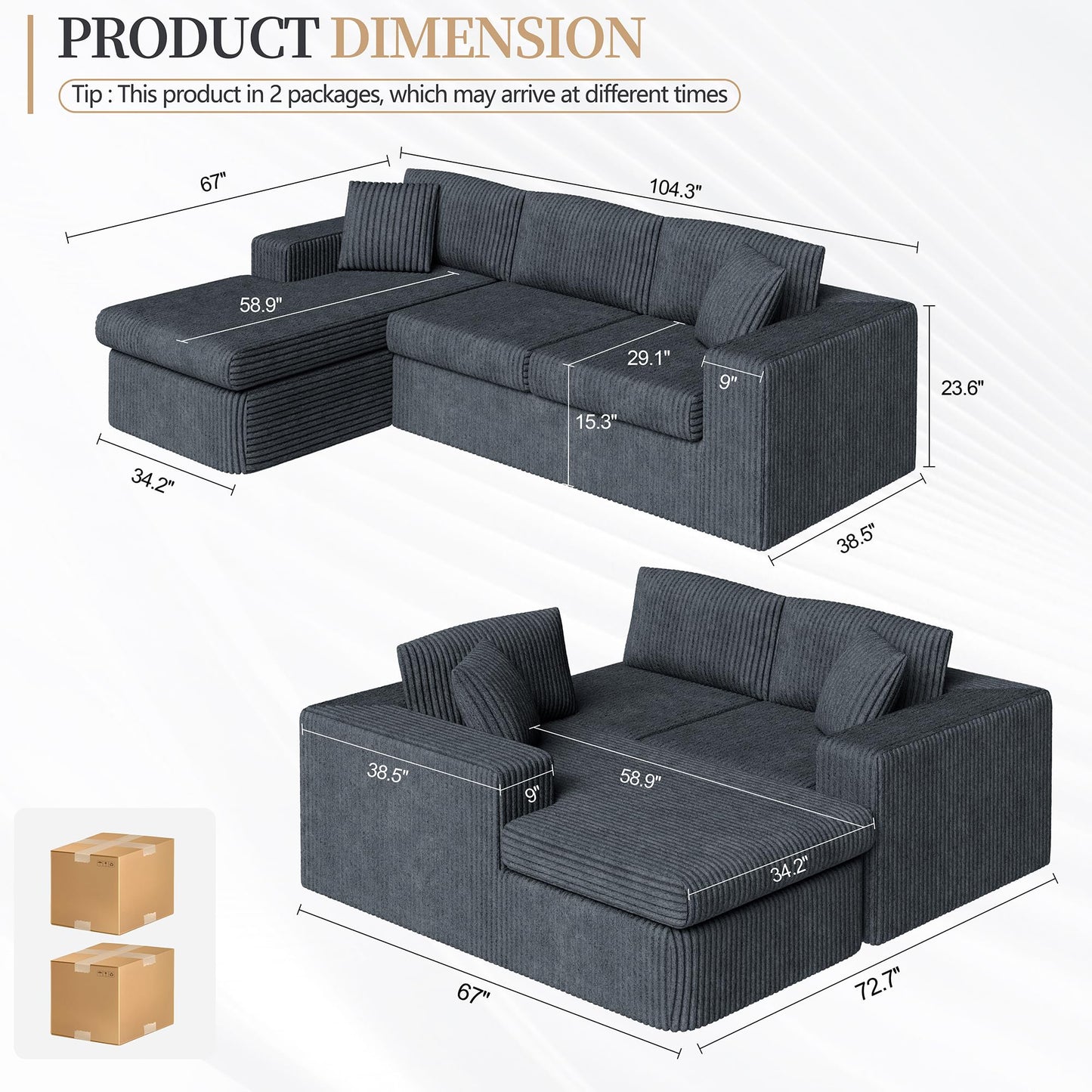 Vongrasig 105" Boneless Couches for Living Room,Sectional Couches Modular Sofa with L-Shaped Chaise, Memory Foam Comfy Cloud Couch with Plush Corduroy Fabric, No Assembly Required, (Dark Grey)