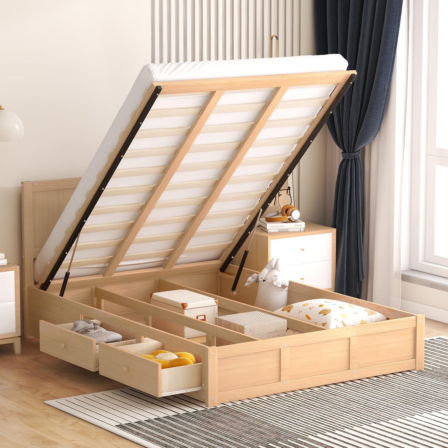 Brisca Full Size Platform Bed with Underneath Storage and 2 Drawers,Solid Wood Bed Frame W/Wood Slats Support,for Apartment,Bedroom,Guest Room,Wood