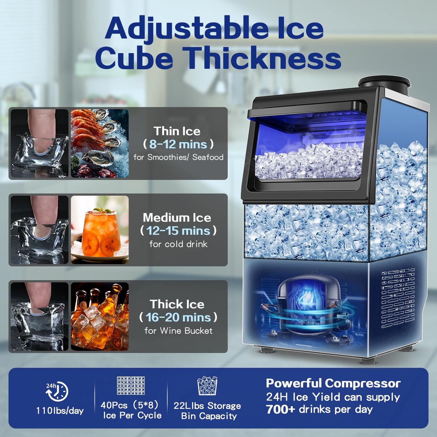 Amzgachfktch Commercial Ice Maker, 110lbs/24H Under Counter Ice Maker with 2 Water Inlet, Ice Maker Machine with 22lbs Storage, Auto Self-Cleaning, Freestanding Ice Machine for Home Office Bar