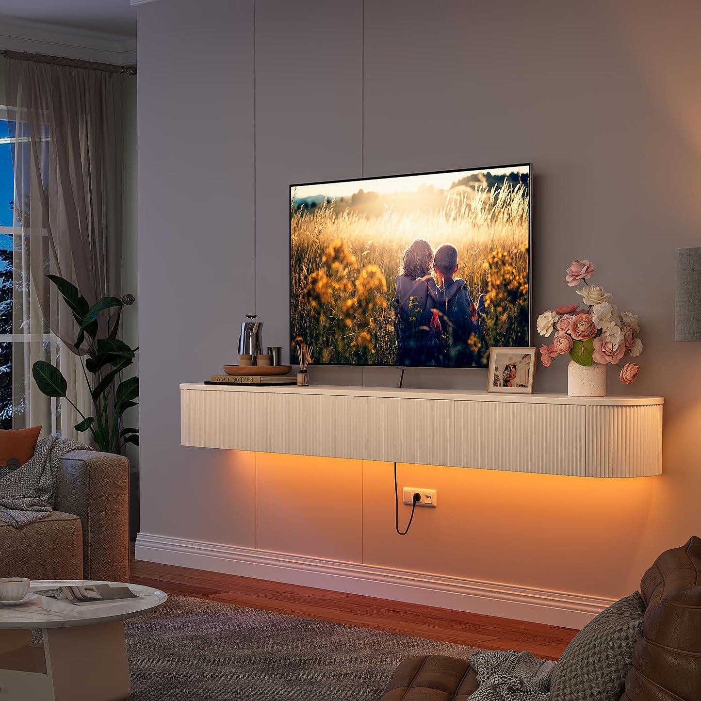 FloatiCasa Floating TV Stand with Drawers 94'',Wall Mount TV Stand,Floating Entertainment Center Shelf for Bedroom Living Room Under TV,Fully Assembled,Off-White