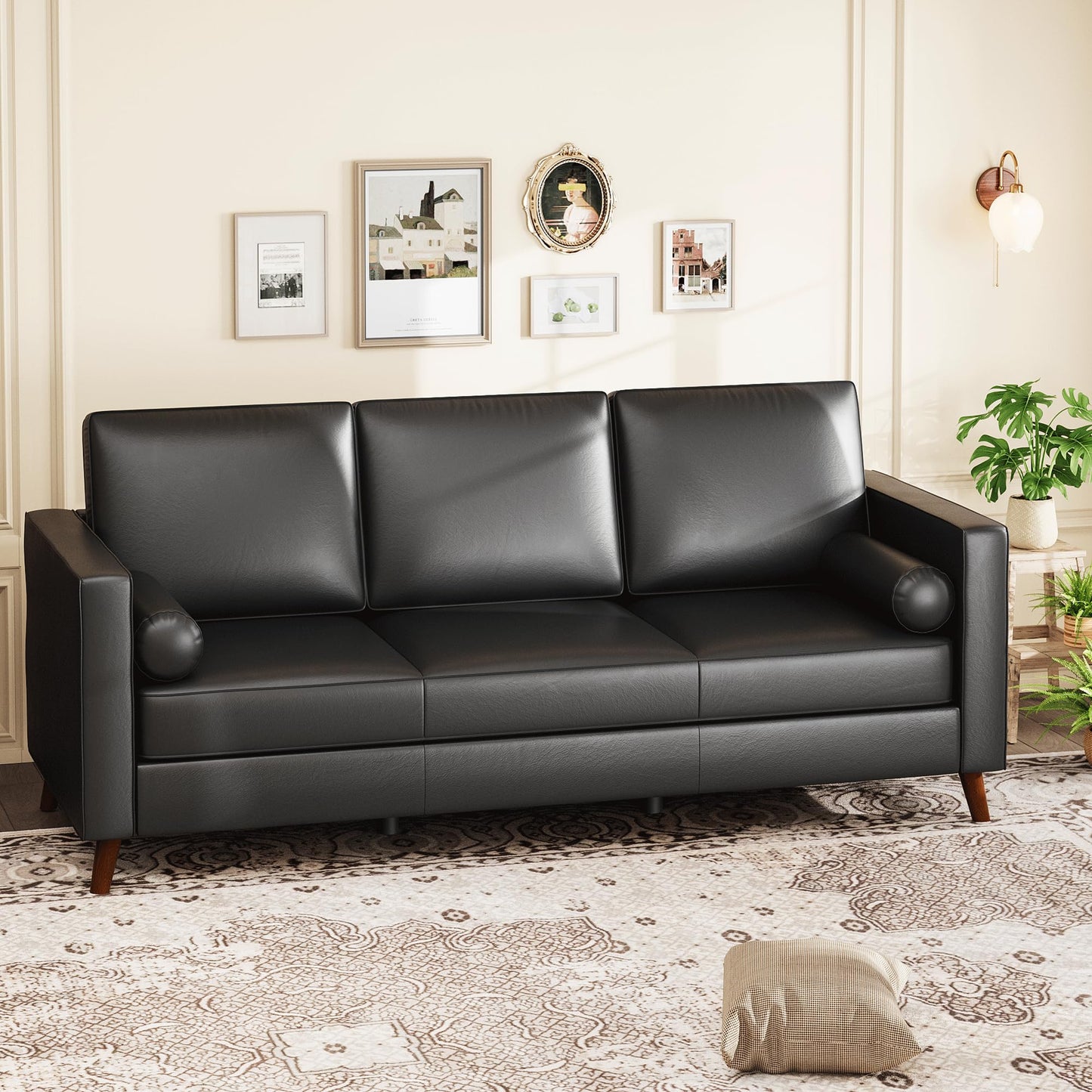 GAOMON 86" Leather Sofa, Mid-Century Modern Couch, Faux Leather Couch with Deep Seats, 3-Seat Sofa for Living Room, Office, Black