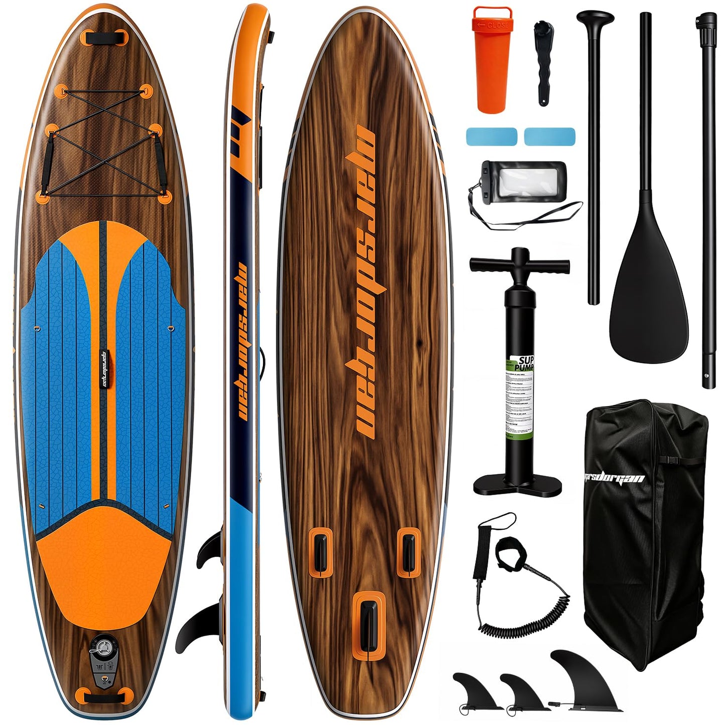 Marsdorgan 11' Inflatable Paddle Board Walnut | Extra Wide SUP with Non-Slip Deck for Adults | Stable for Lake Ocean, Complete Kit with Pump/Backpack/Paddle
