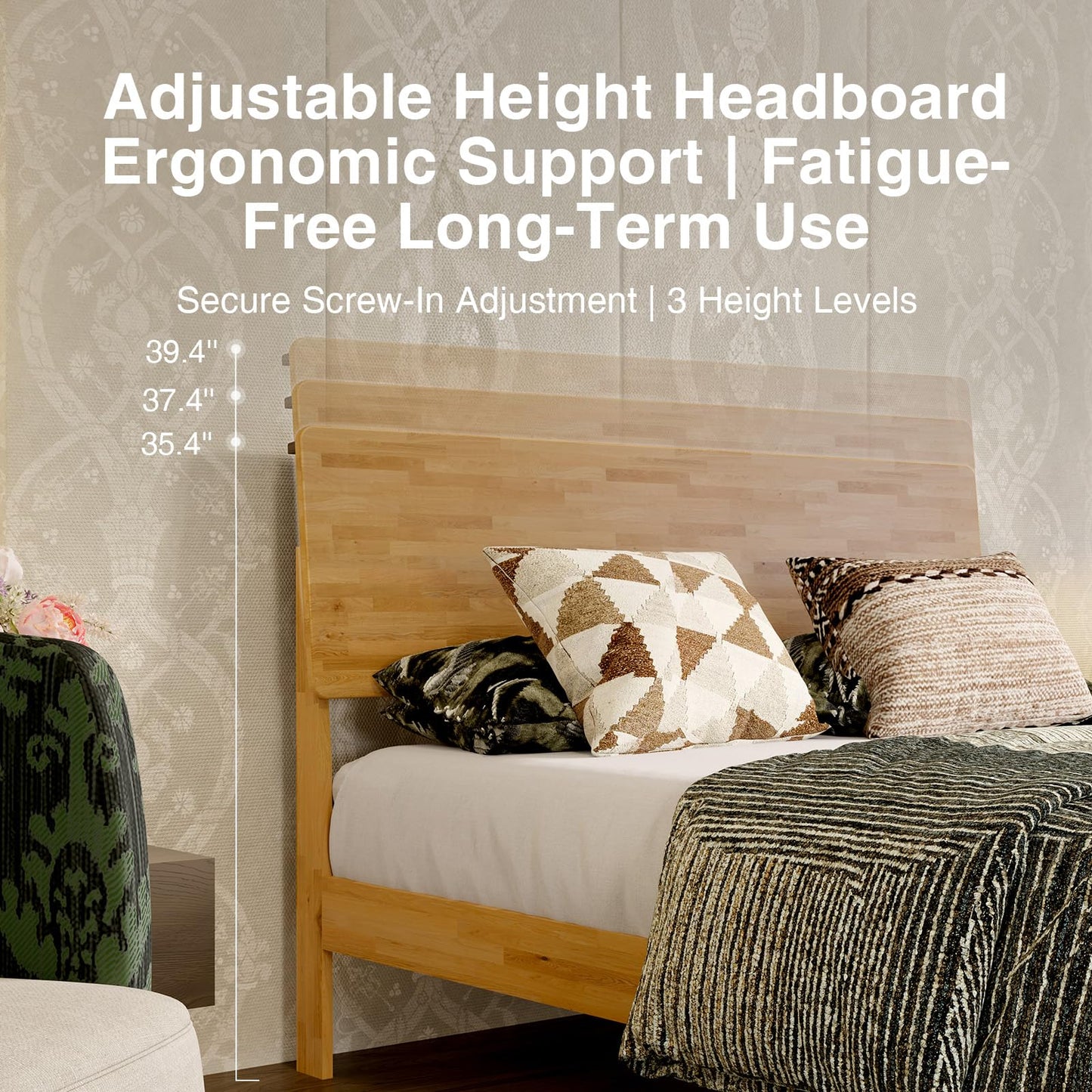 Novilla Queen Bed Frame with 3-Level Adjustable Storage Headboard, Solid Wood Platform Bed Frame with Slats, No Box Spring Needed, Noise Free, Natural Finish for Master Bedroom and Guest Room