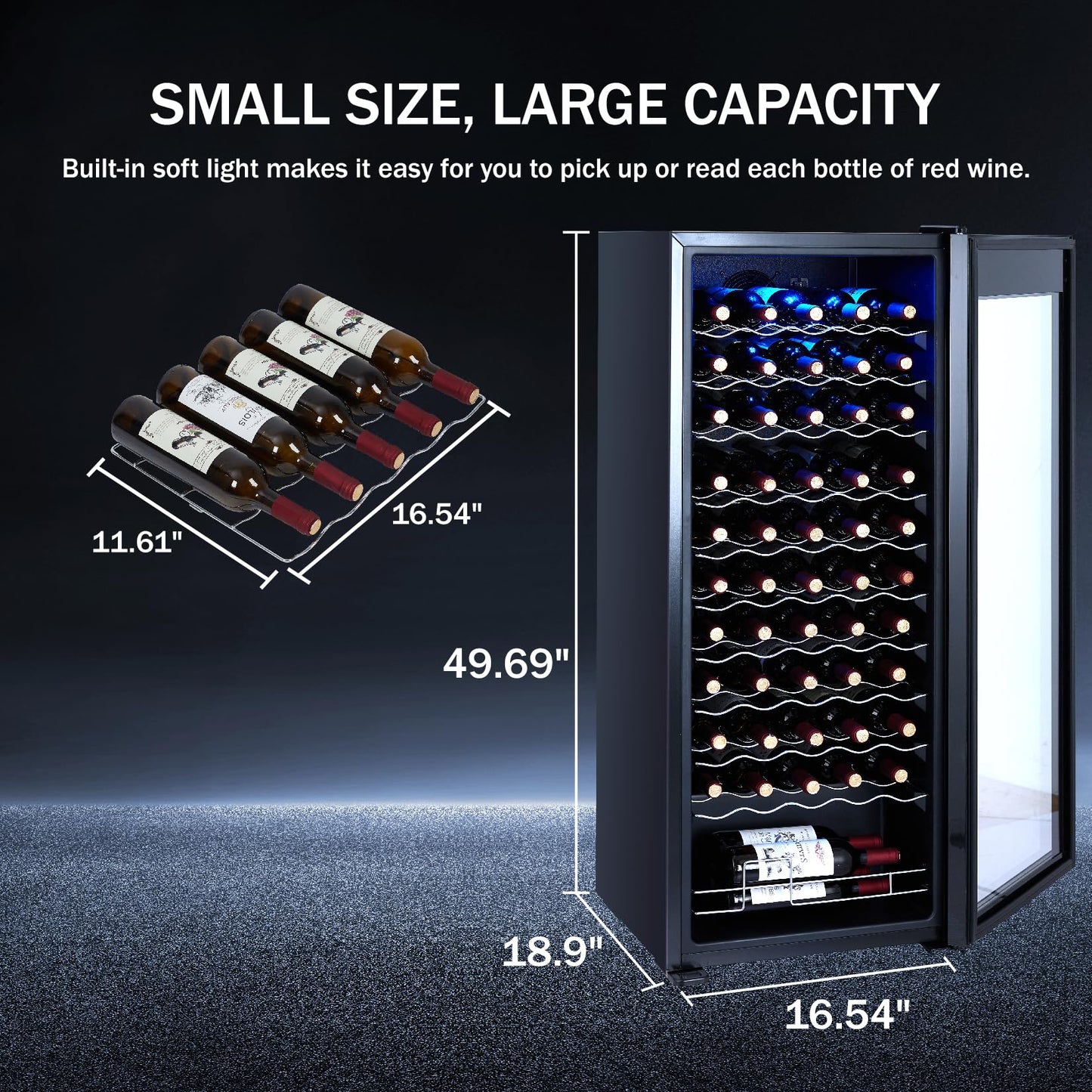 15 Inch Wine Cooler Refrigerator, 55 Bottle Single Zone Freestanding Wine Fridge with Glass Door, Digital Temp Control, Adjustable Shelves, Fast Cooling Compressor, 110V/60Hz for Home Bar Kitchen