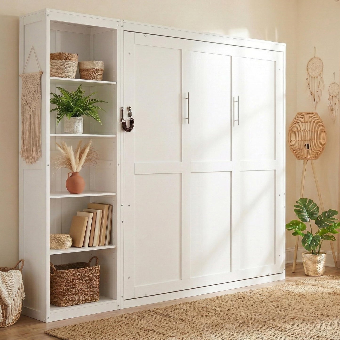 Merax Space-Saving White Murphy Bed Queen Size with Adjustable Storage Shelves, Multifunctional Foldable Wall Bed for Small Spaces Studio Study Office Guest Room