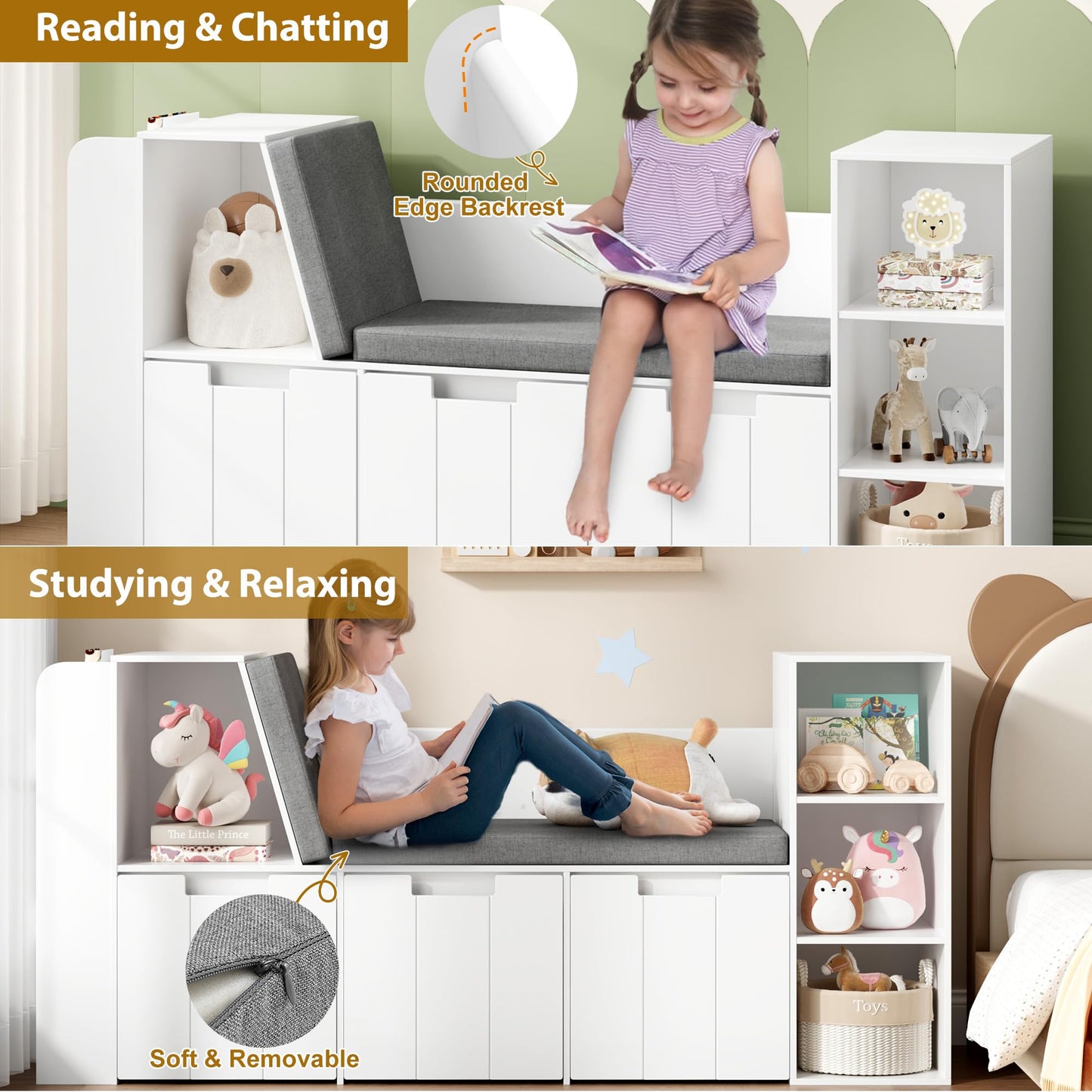 BOTLOG 61.5" Kids Reading Nook with 3-Layer Bookshelf, Reading Nook for Kids with Double Bench and Rolling Drawers, Bookshelf and Toy Storage for Nursery, Playroom (White)