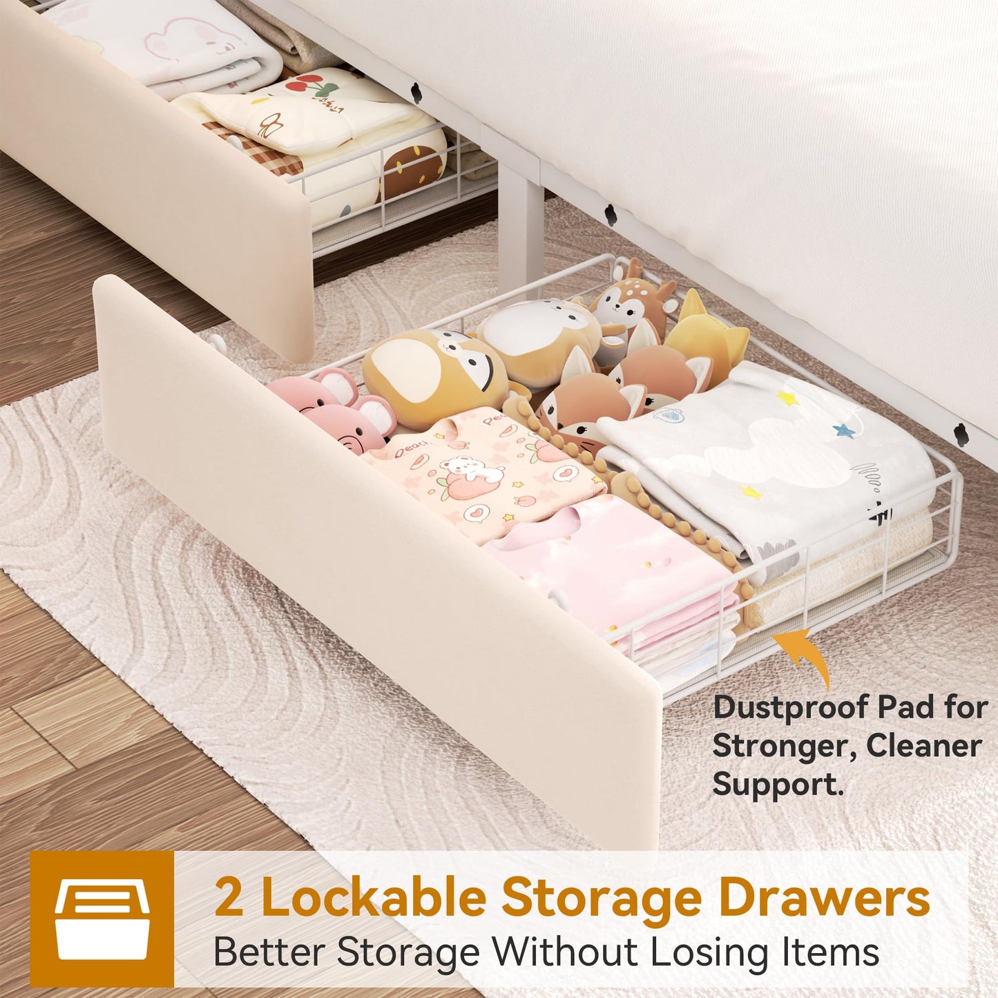 Full Upholstered LED Bed Frame with 2 Storage Drawers and 2-Tier Storage Headboard, Velvet Princess Platform Bed with Charging Station & Bookcase,Heavy Duty Metal Support,No Box Spring Needed,Beige