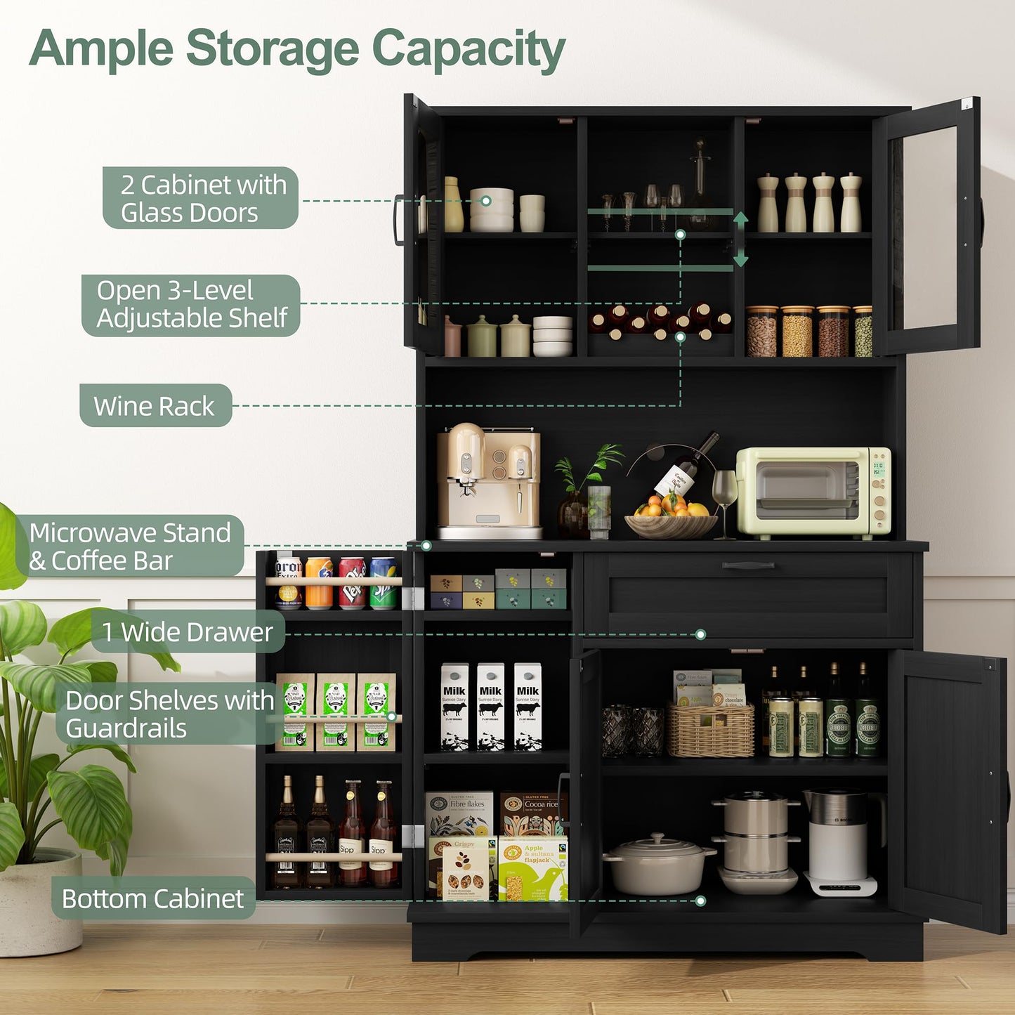 Shintenchi Kitchen Pantry Storage Cabinet, Freestanding Buffet Cabinet with Microwave Stand & 3 Door Shelves, Kitchen Hutch with Doors, Adjustable Shelves and Wine Rack, Black