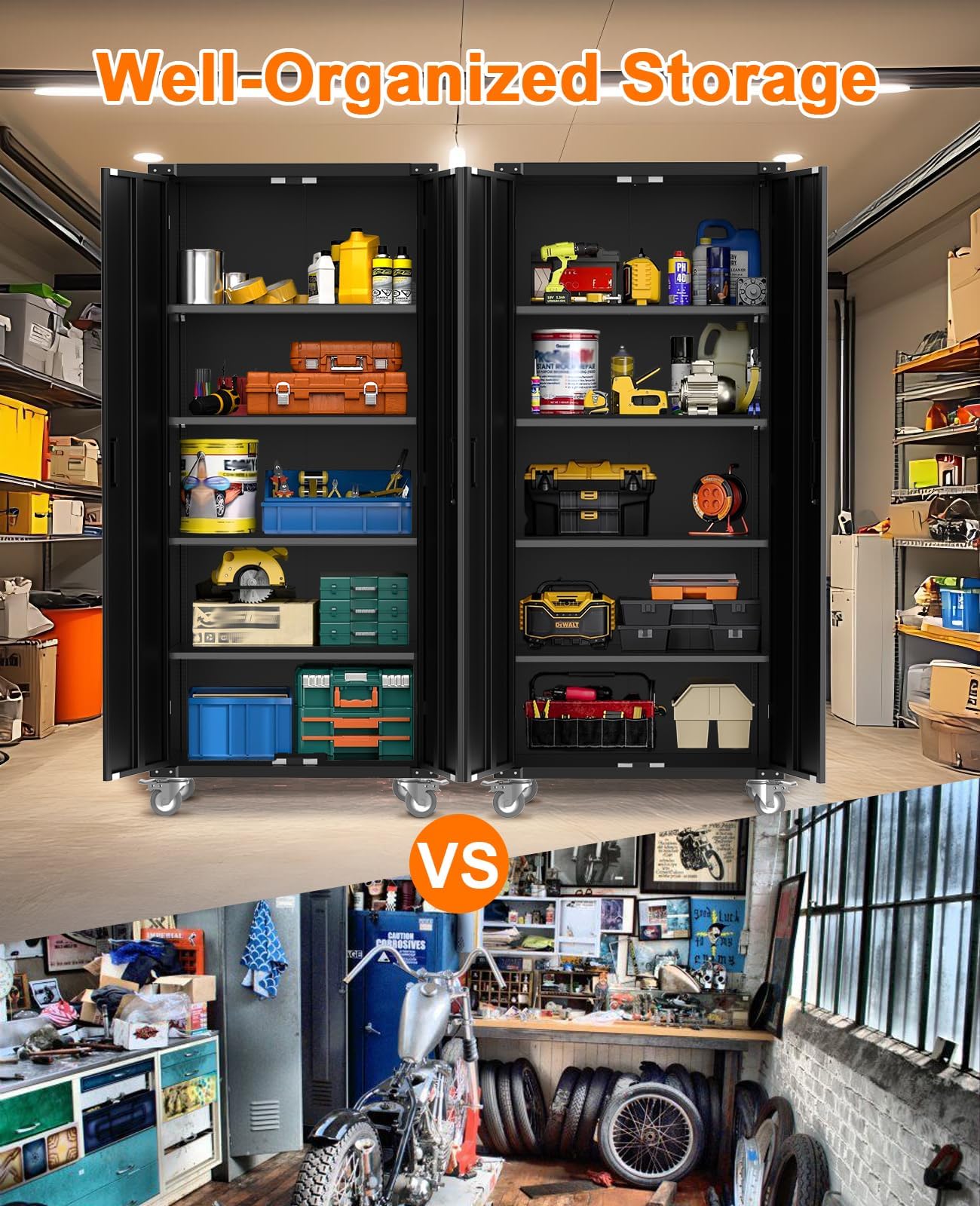 MilleLoom 71" Tall Locking Metal Storage Cabinet on Wheels, Tall 2 Door Tool Cabinet, 4 Adjustable Shelves, Storage Cabinet for Pantry, Garage Home Office Utility Room Storage, Black