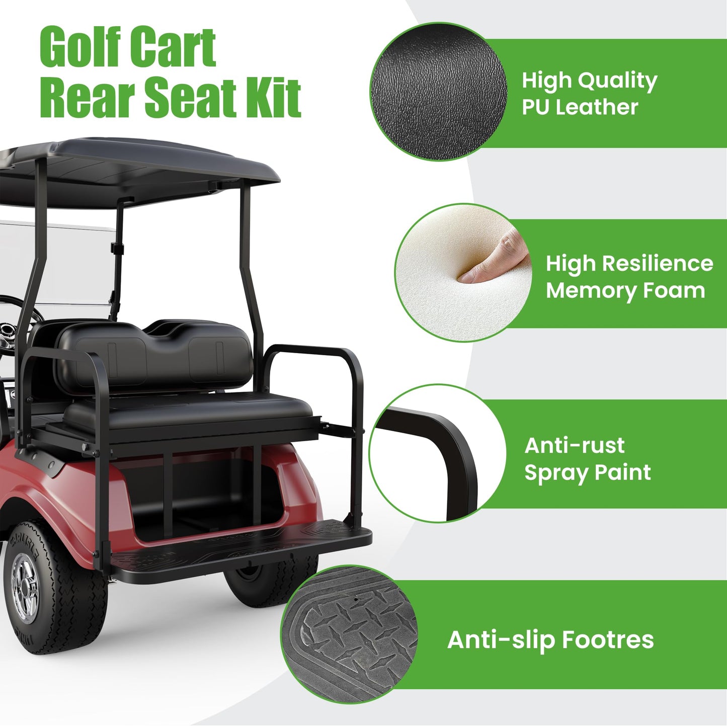 10L0L Golf Cart Rear Flip Seat for Club Car DS, Heavy-Duty Alloy Steel & PE Construction, No-Drill Installation, Non-Slip Pedals & Padded Backrest