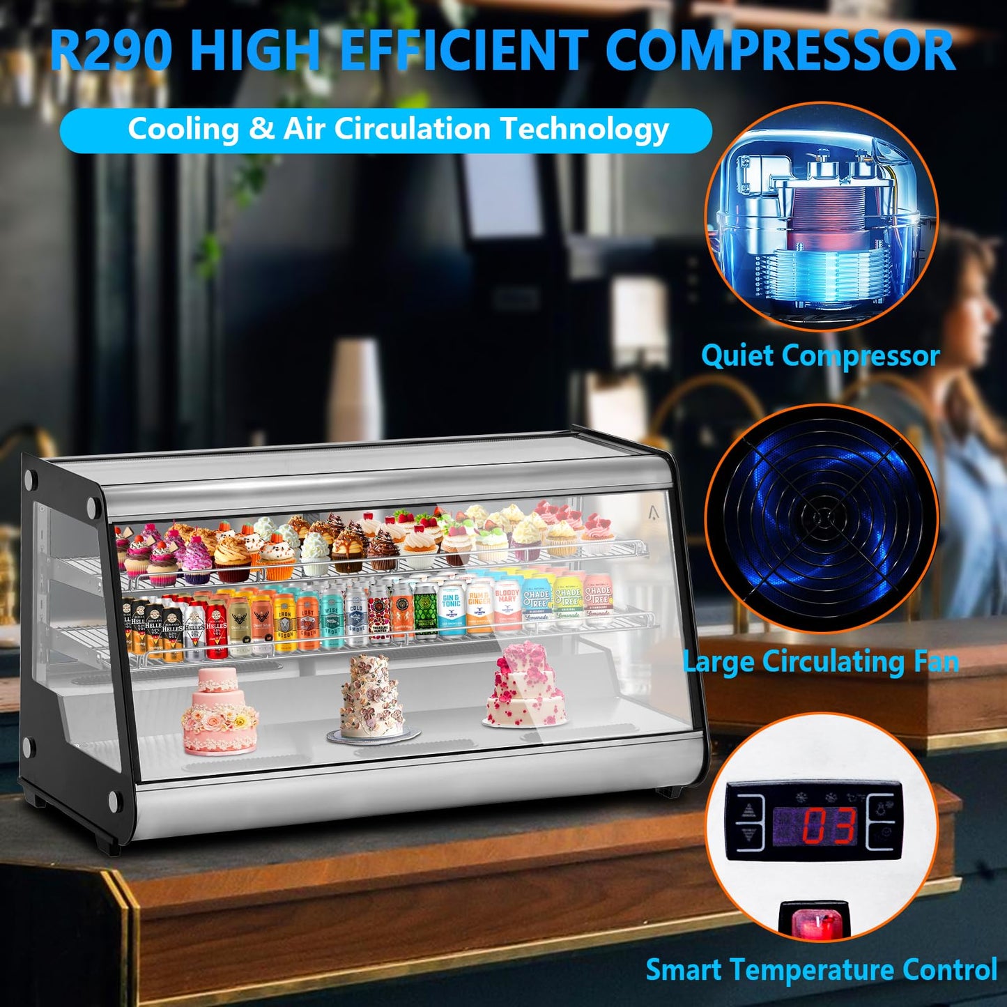 IDEALHOUSE 8.1 Cu.Ft Commercial Glass Door Refrigerator | Countertop Display Fridge with LED Lighting for Bakeries, Cafes, Convenience Stores | Energy Efficient, Adjustable Shelves, Auto-Closing Door
