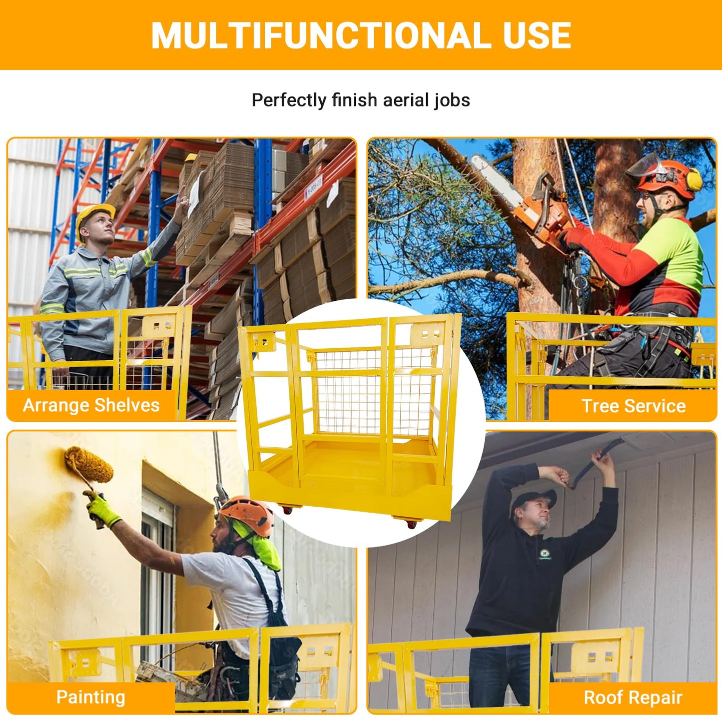 1400LBS Capacity Forklift Safety Cage with Lockable Swivel Wheels - 43"x45" Forklift Man Basket with Safety Harness - Collapsible Lift Basket