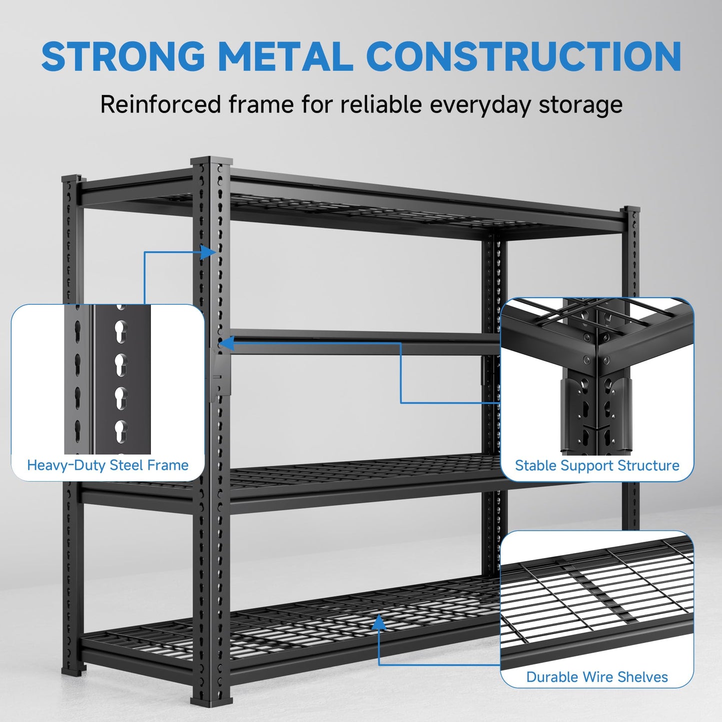 LUXEYARD Heavy Duty Garage Shelving, 60" W x 24" D x 78" H, 5-Tier Adjustable Metal Storage Rack, 660 lbs Per Shelf, 3300 lbs Total Capacity, Black, 1-Pack