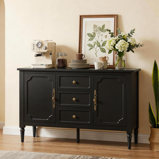 RoyalCraft Buffet Cabinet with 2 Doors & 3 Drawers, Vintage Sideboard with Storage, Painted Coffee Bar Table with Solid Wood Legs, Ideal for Kitchen, Living Room, Dining Room, Black